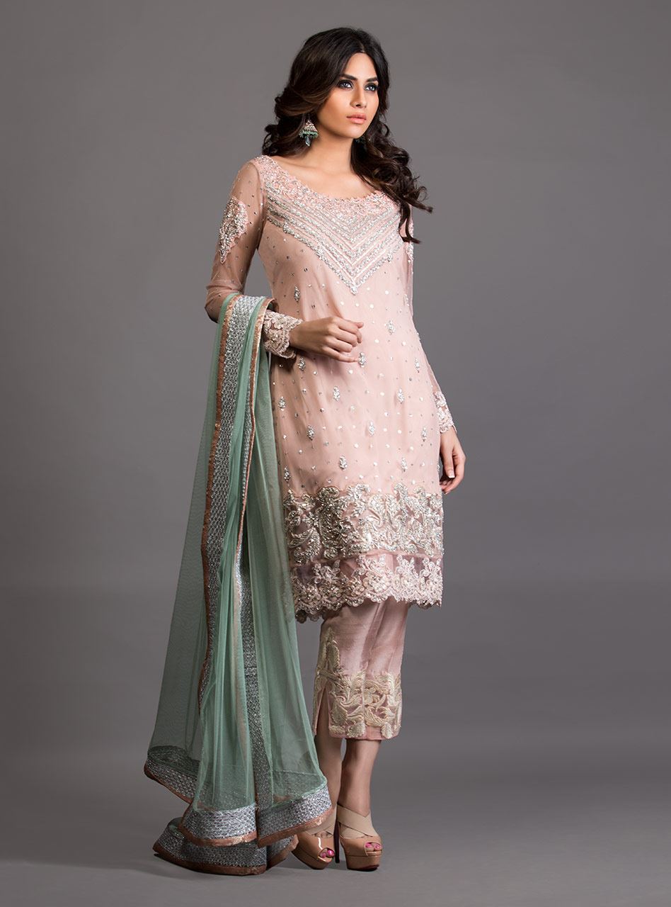 Zainab Chottani | Semi Formals | SALMON PINK AND PISTACHIO GREEN EMBELLISHED OUTFIT by Zainab Chottani - Designer Dress - Type: Ladies Clothes - Available at Sana Yasir - 100% Original