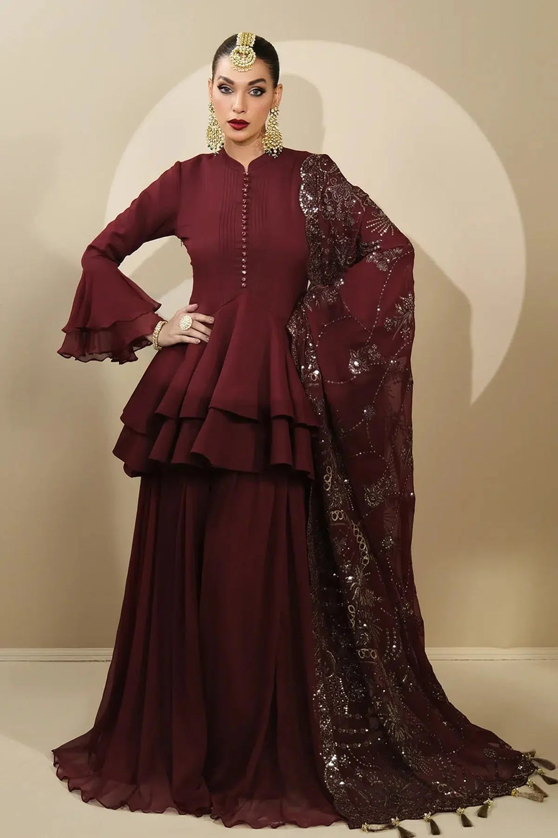 Alizeh | Formals Collection | Maroon Peplum 3 piece - RTW1014 by Alizeh - Designer Dress - Type: Formal - Available at Sana Yasir - 100% Original