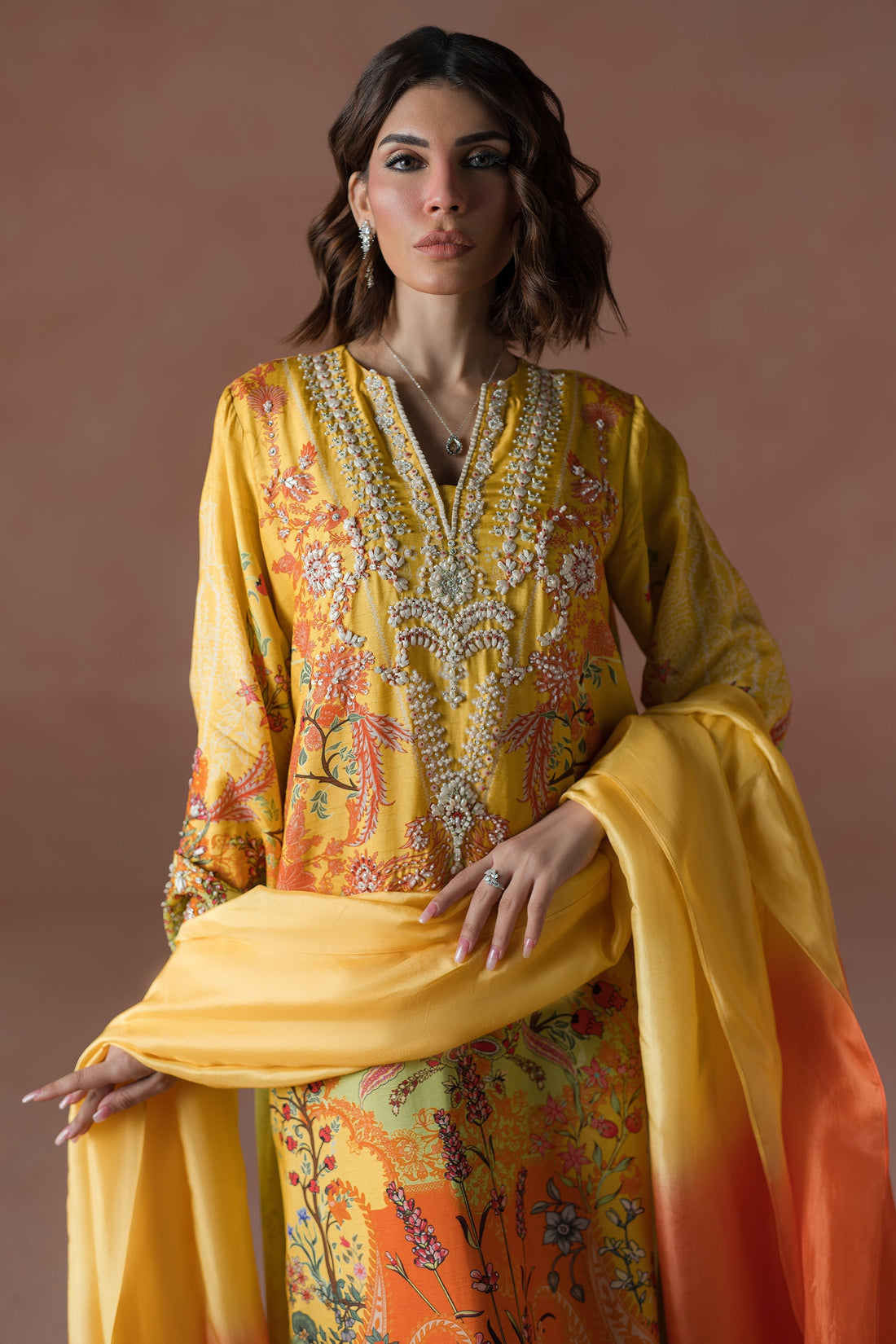 Ammara Khan | Flo 25 |Mango Slush Long Shirt Set (D-04)
