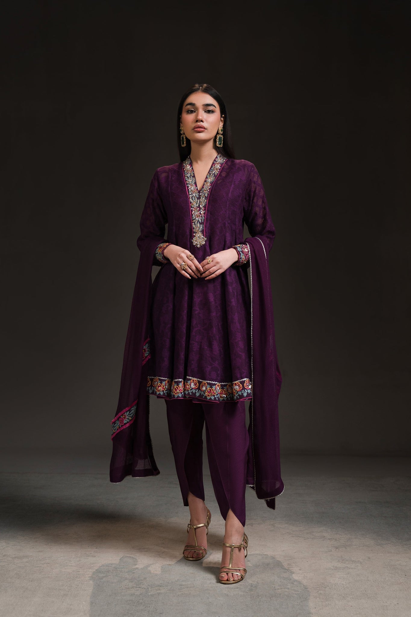 Ammara Khan | Glitz Luxury Pret 24 | DEEP PURPLE PEPLUM KALIDAR (D-18) by Ammara Khan - Designer Dress - Type: Luxury - Available at Sana Yasir - 100% Original
