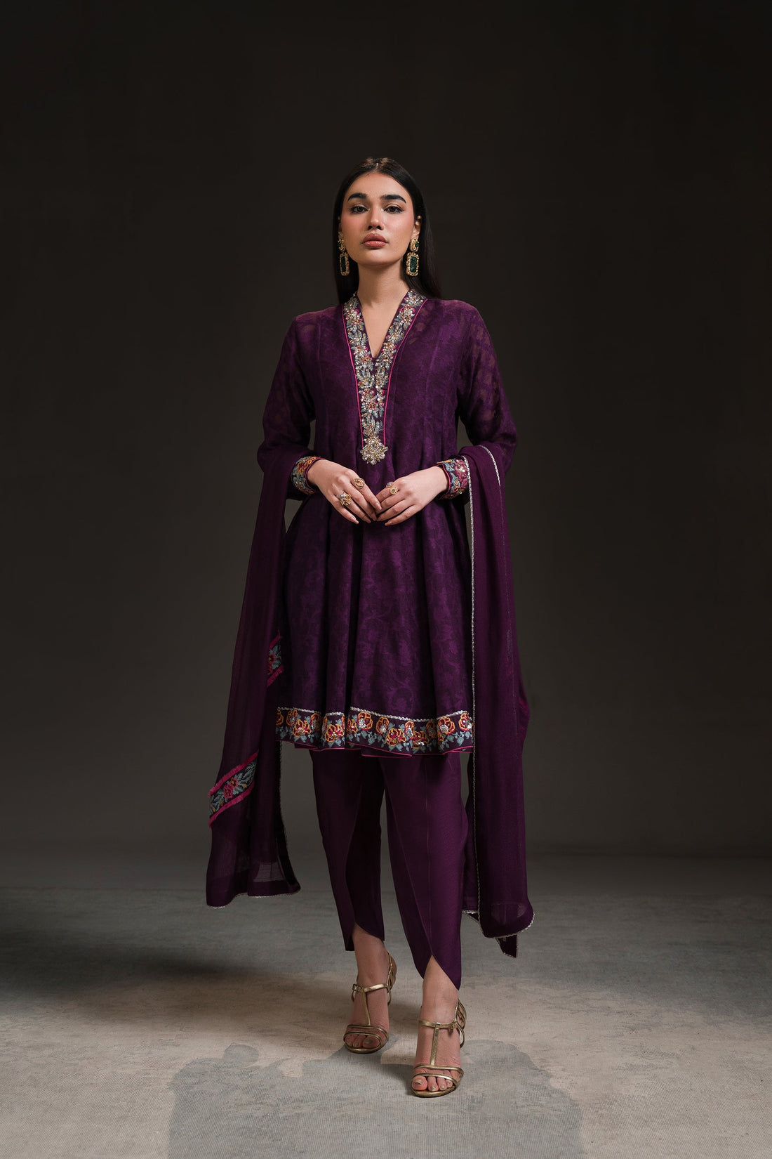 Ammara Khan | Glitz Luxury Pret 24 | DEEP PURPLE PEPLUM KALIDAR (D-18) by Ammara Khan - Designer Dress - Type: Luxury - Available at Sana Yasir - 100% Original