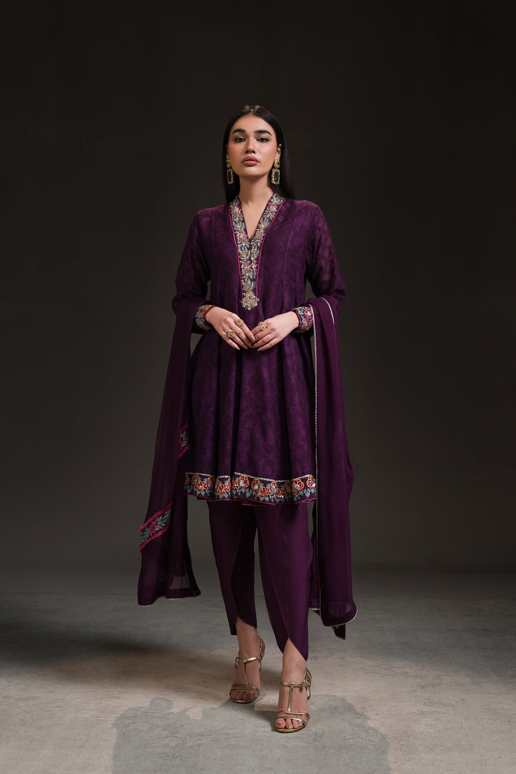 Ammara Khan | Glitz Luxury Pret 24 | DEEP PURPLE PEPLUM KALIDAR (D-18) by Ammara Khan - Designer Dress - Type: Luxury - Available at Sana Yasir - 100% Original