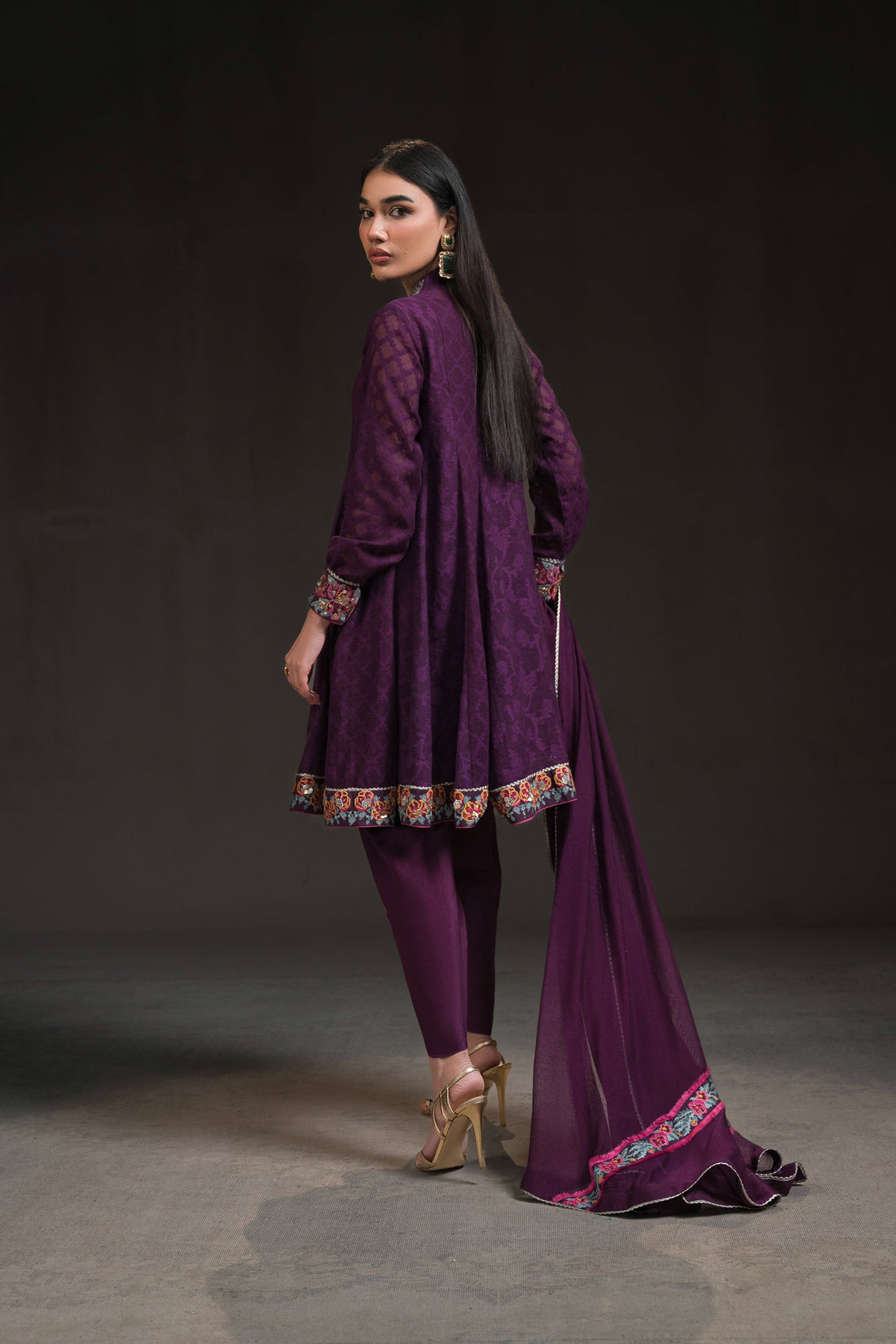 Ammara Khan | Glitz Luxury Pret 24 | DEEP PURPLE PEPLUM KALIDAR (D-18) by Ammara Khan - Designer Dress - Type: Luxury - Available at Sana Yasir - 100% Original