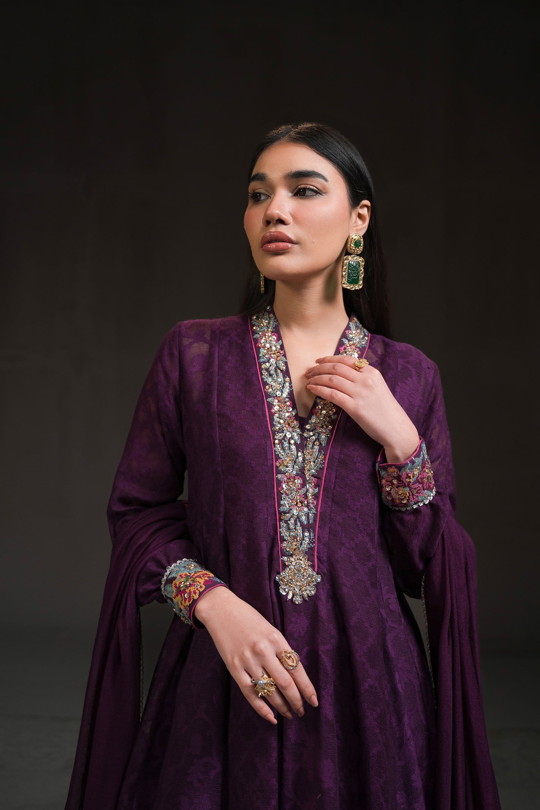 Ammara Khan | Glitz Luxury Pret 24 | DEEP PURPLE PEPLUM KALIDAR (D-18) by Ammara Khan - Designer Dress - Type: Luxury - Available at Sana Yasir - 100% Original