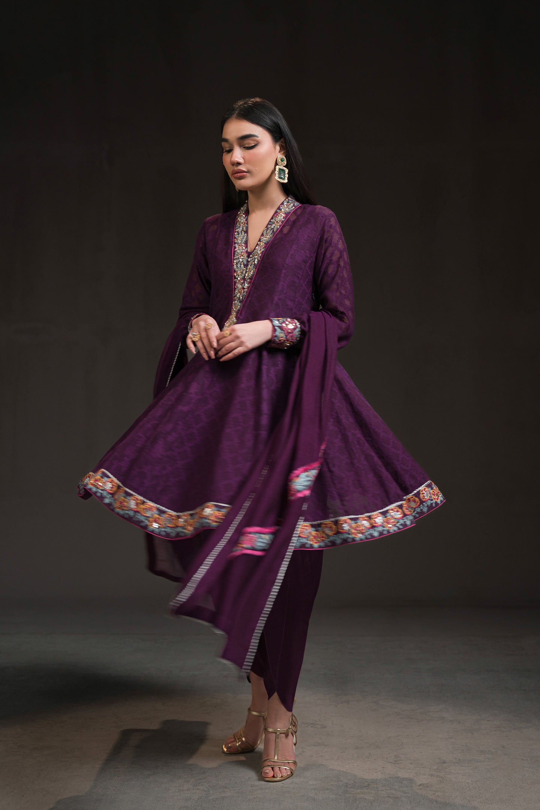 Ammara Khan | Glitz Luxury Pret 24 | DEEP PURPLE PEPLUM KALIDAR (D-18) by Ammara Khan - Designer Dress - Type: Luxury - Available at Sana Yasir - 100% Original