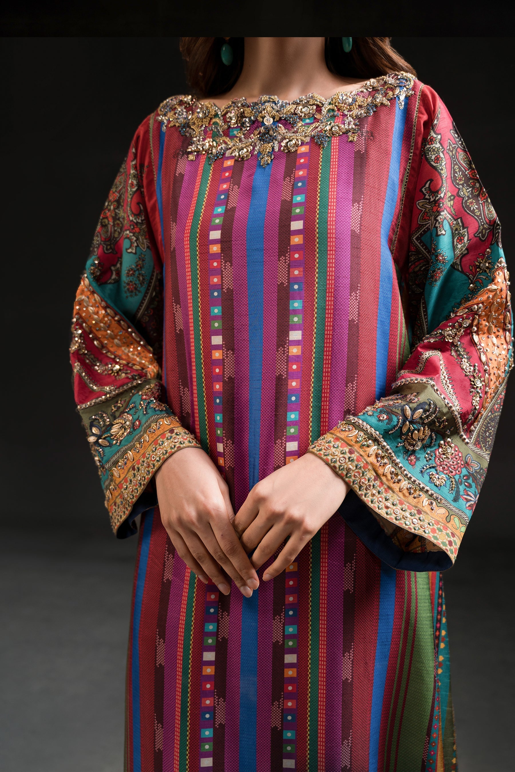 Ammara Khan | Glitz Luxury Pret 24 | MAGENTA RAINBOW TUNIC SET (D-10) by Ammara Khan - Designer Dress - Type: Luxury - Available at Sana Yasir - 100% Original