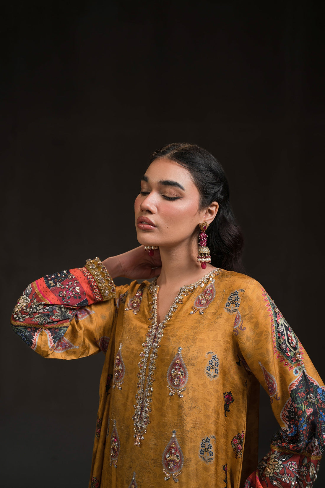Ammara Khan | Glitz Luxury Pret 24 | MUSTARD GOLD KAFTAN SET (D-12) by Ammara Khan - Designer Dress - Type: Luxury - Available at Sana Yasir - 100% Original