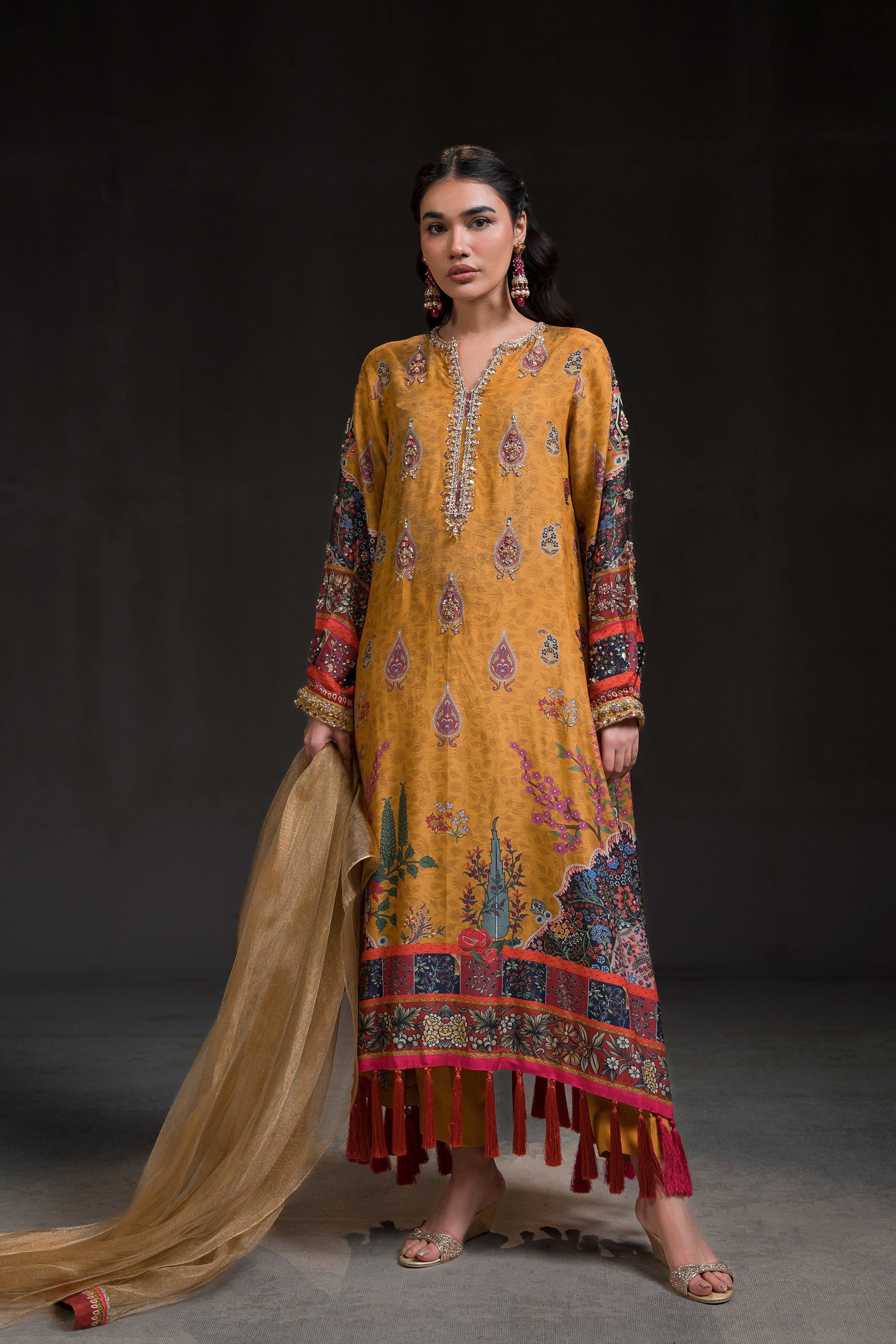 Ammara Khan | Glitz Luxury Pret 24 | MUSTARD GOLD KAFTAN SET (D-12) by Ammara Khan - Designer Dress - Type: Luxury - Available at Sana Yasir - 100% Original