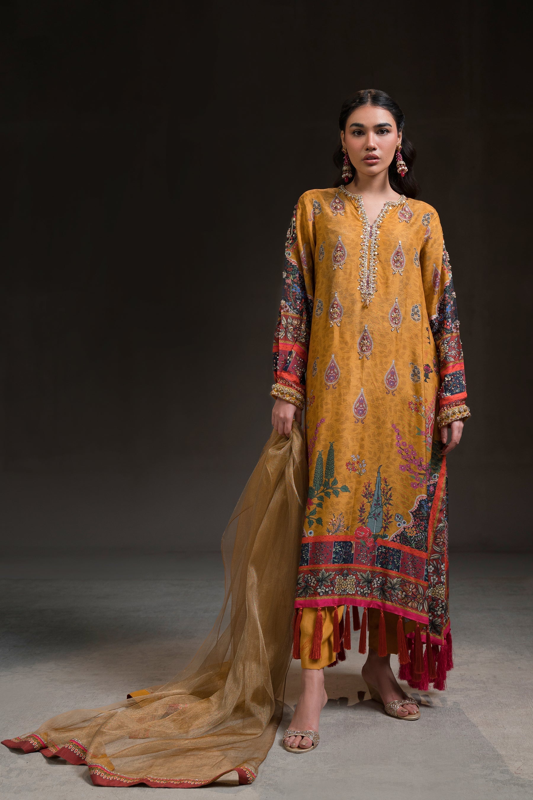 Ammara Khan | Glitz Luxury Pret 24 | MUSTARD GOLD KAFTAN SET (D-12) by Ammara Khan - Designer Dress - Type: Luxury - Available at Sana Yasir - 100% Original