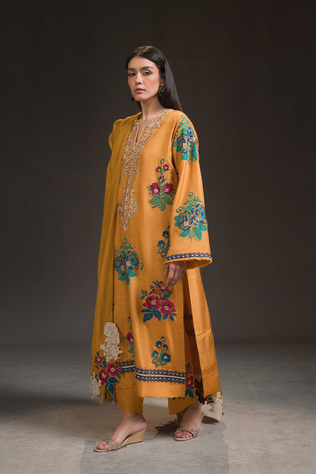 Ammara Khan | Glitz Luxury Pret 24 | MUSTARD YELLOW LONG KURTA SET (D-17) by Ammara Khan - Designer Dress - Type: Luxury - Available at Sana Yasir - 100% Original