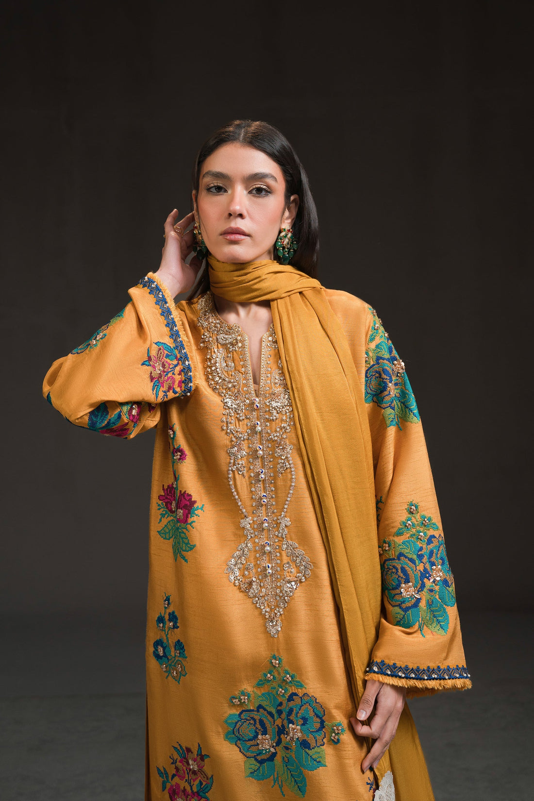 Ammara Khan | Glitz Luxury Pret 24 | MUSTARD YELLOW LONG KURTA SET (D-17) by Ammara Khan - Designer Dress - Type: Luxury - Available at Sana Yasir - 100% Original