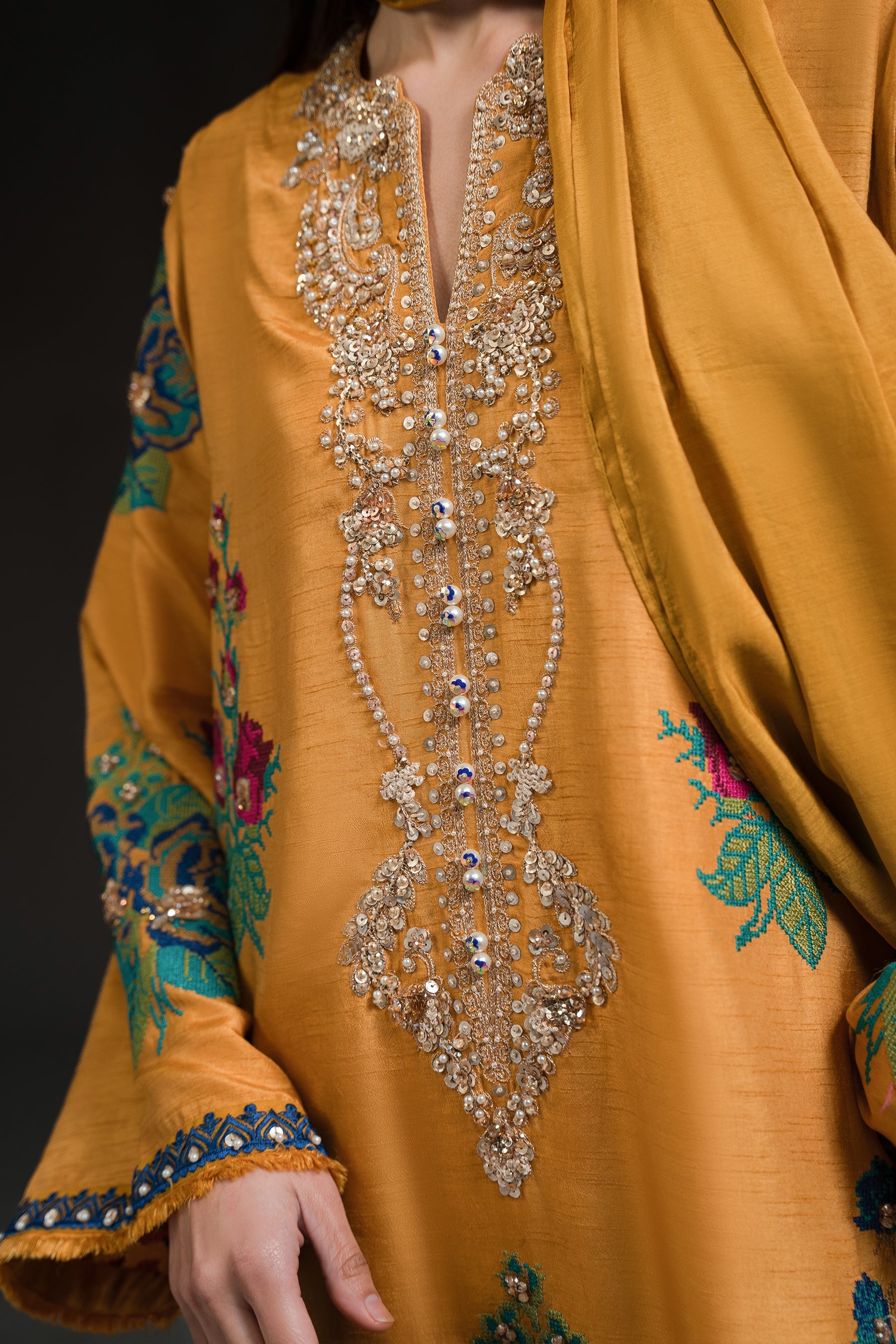 Ammara Khan | Glitz Luxury Pret 24 | MUSTARD YELLOW LONG KURTA SET (D-17) by Ammara Khan - Designer Dress - Type: Luxury - Available at Sana Yasir - 100% Original