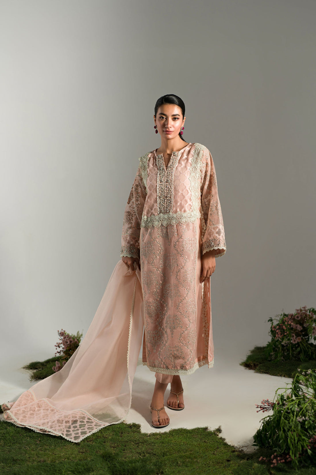 Ammara Khan | Lily Luxury Formals 24 | PASTEL PEACH LONG KURTA (D-07) by Ammara Khan - Designer Dress - Type: Formal - Available at Sana Yasir - 100% Original
