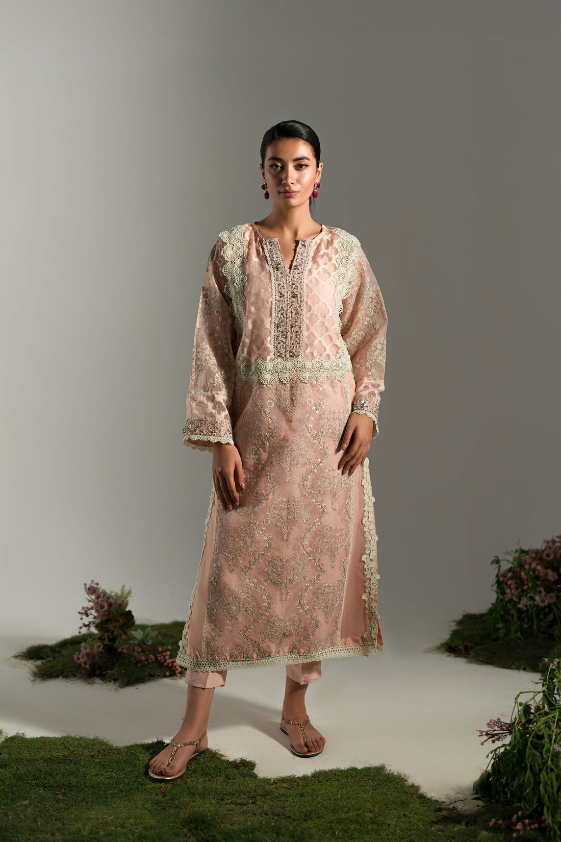 Ammara Khan | Lily Luxury Formals 24 | PASTEL PEACH LONG KURTA (D-07) by Ammara Khan - Designer Dress - Type: Formal - Available at Sana Yasir - 100% Original