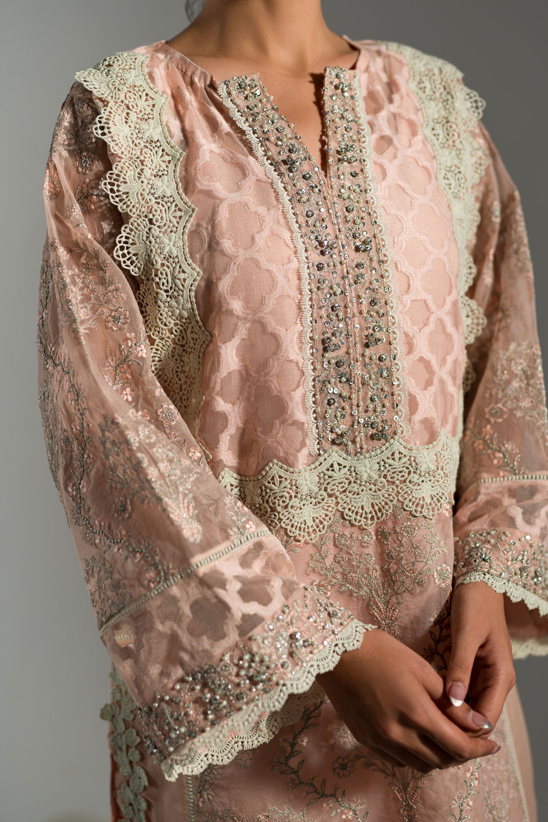 Ammara Khan | Lily Luxury Formals 24 | PASTEL PEACH LONG KURTA (D-07) by Ammara Khan - Designer Dress - Type: Formal - Available at Sana Yasir - 100% Original