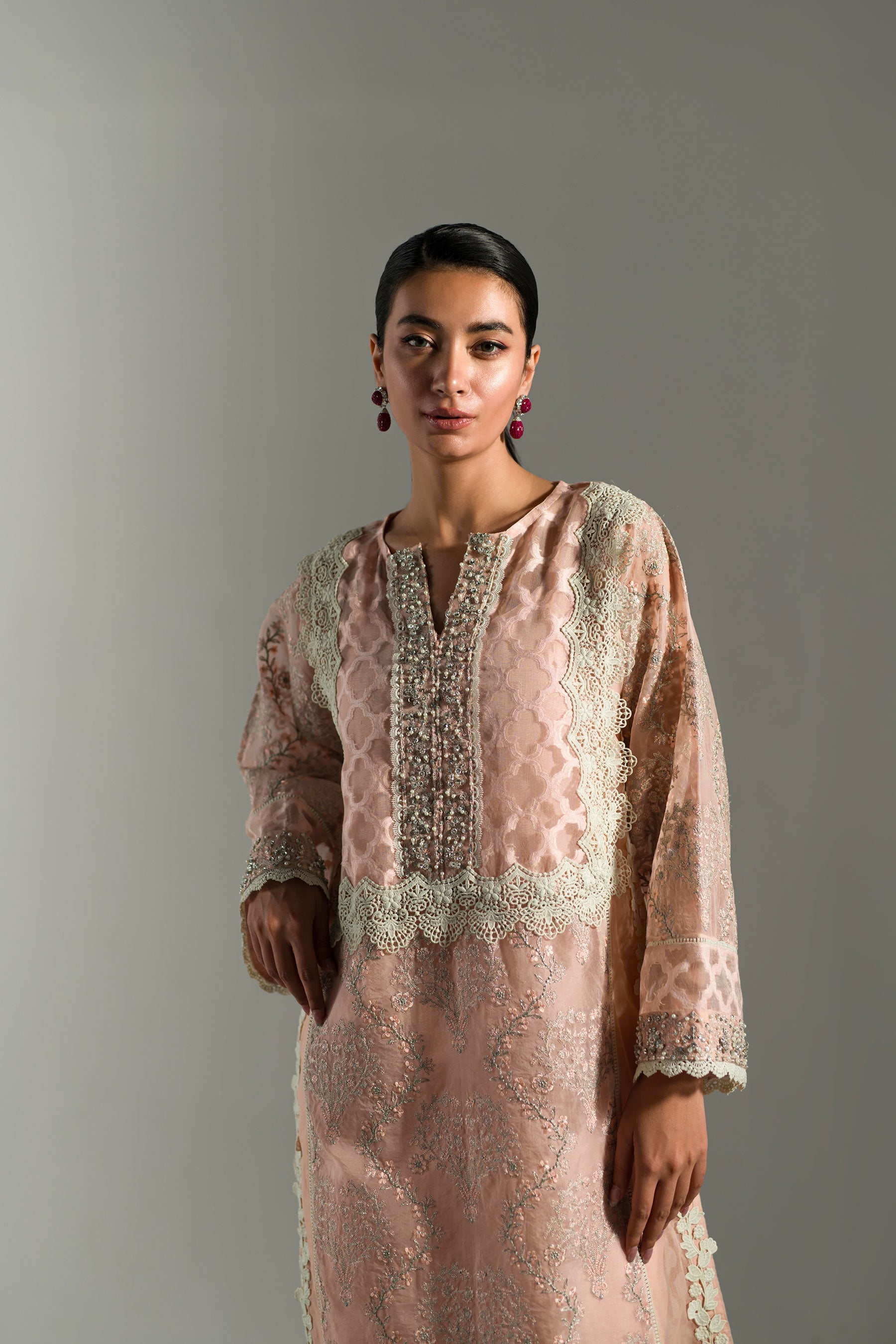 Ammara Khan | Lily Luxury Formals 24 | PASTEL PEACH LONG KURTA (D-07) by Ammara Khan - Designer Dress - Type: Formal - Available at Sana Yasir - 100% Original