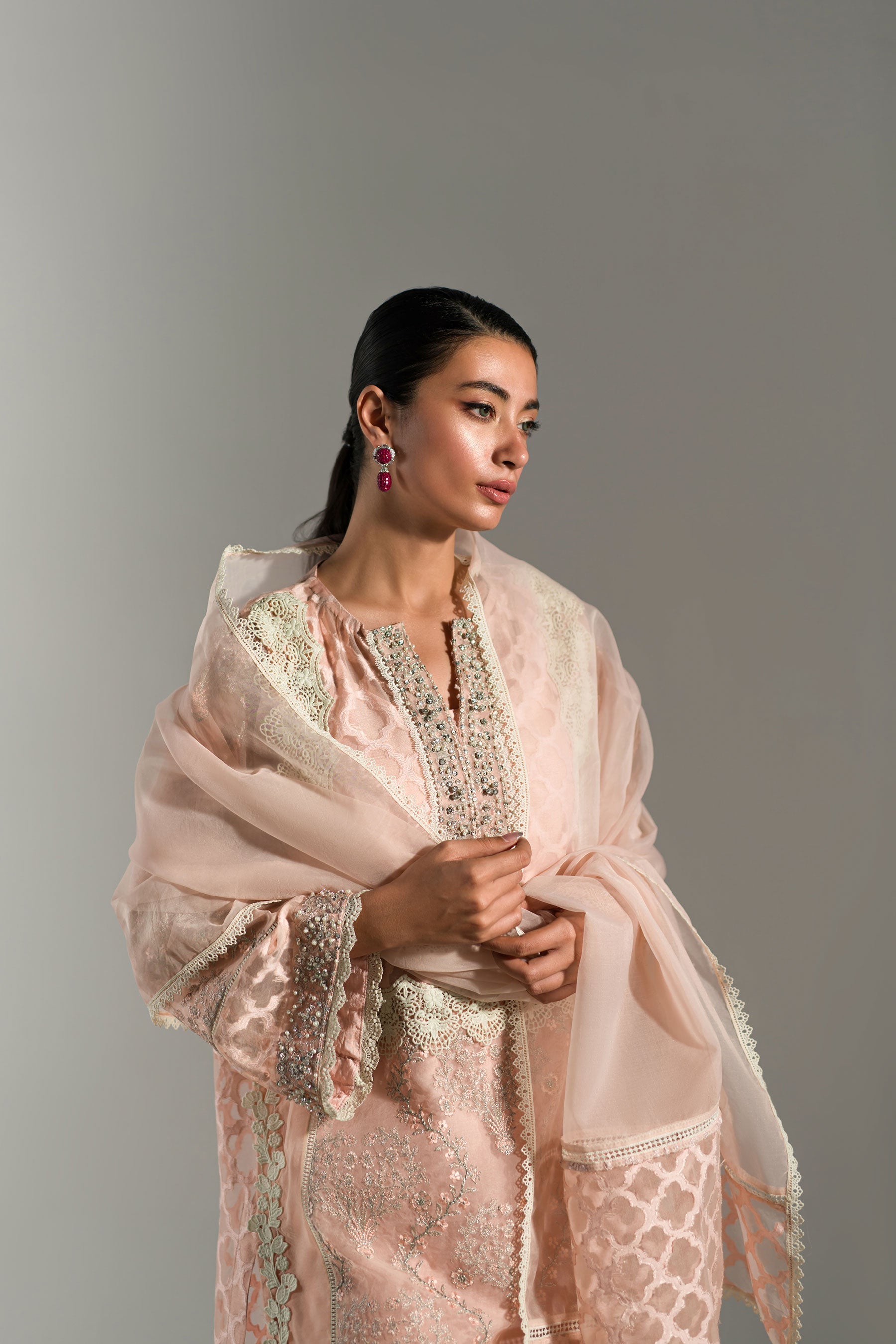 Ammara Khan | Lily Luxury Formals 24 | PASTEL PEACH LONG KURTA (D-07) by Ammara Khan - Designer Dress - Type: Formal - Available at Sana Yasir - 100% Original