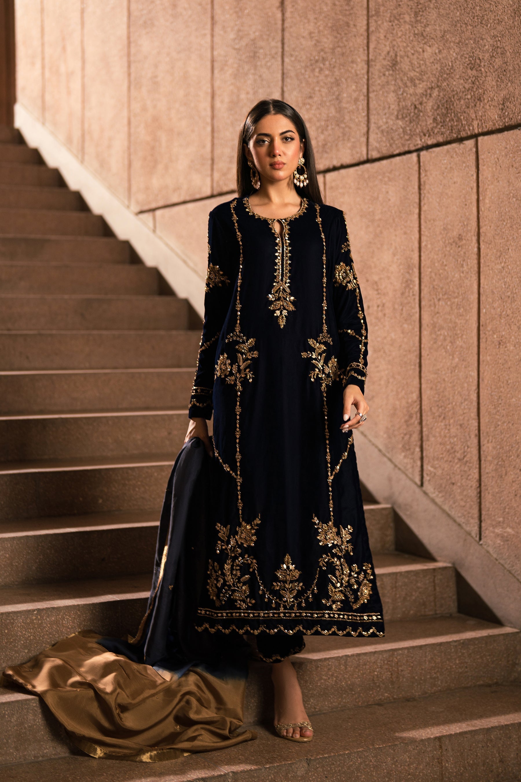 Ammara Khan | Rendezvous Velvet | Blue and Bronze Gold Velvet Set (D-12) by Ammara Khan - Designer Dress - Type: Ladies Clothes - Available at Sana Yasir - 100% Original