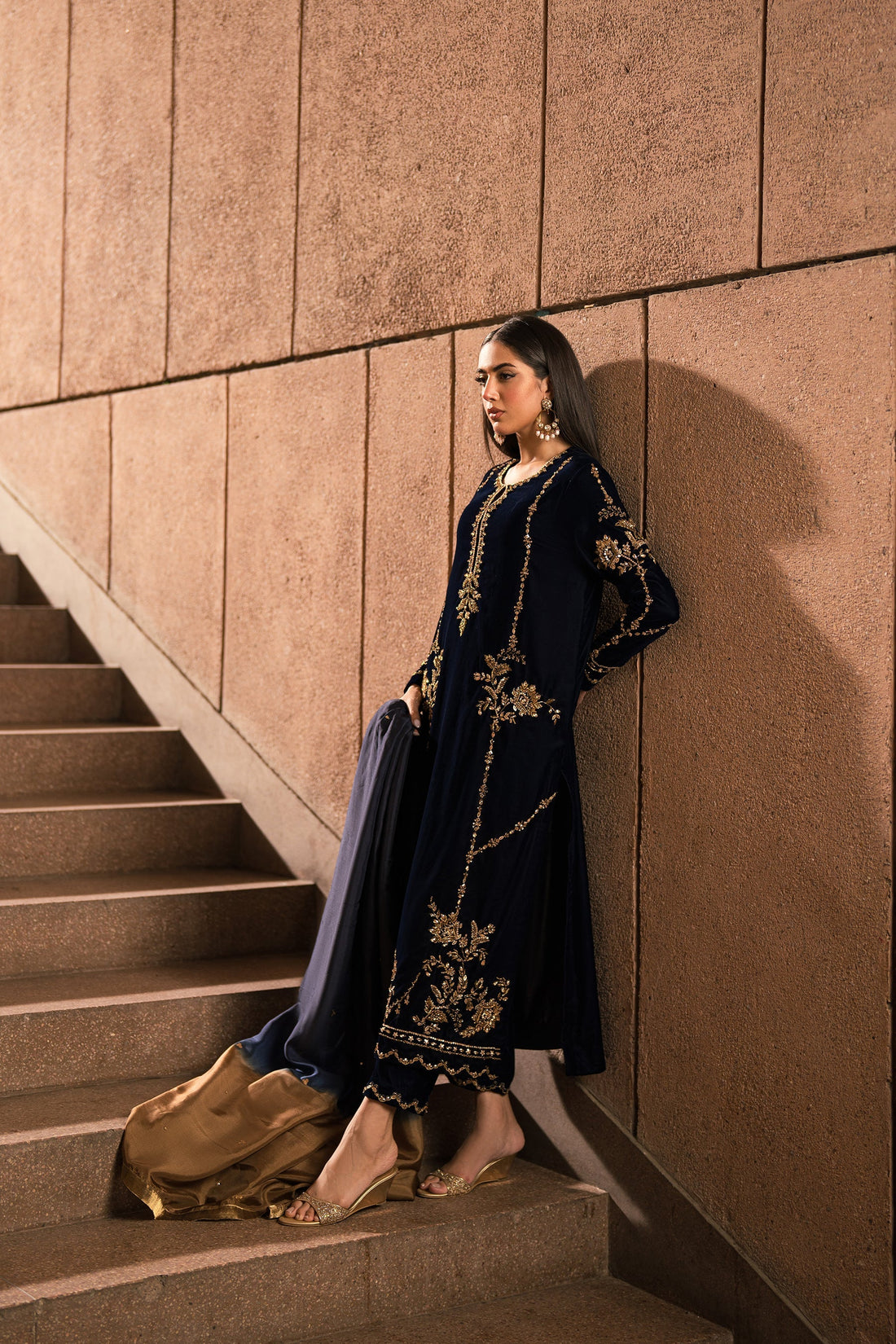 Ammara Khan | Rendezvous Velvet | Blue and Bronze Gold Velvet Set (D-12) by Ammara Khan - Designer Dress - Type: Ladies Clothes - Available at Sana Yasir - 100% Original