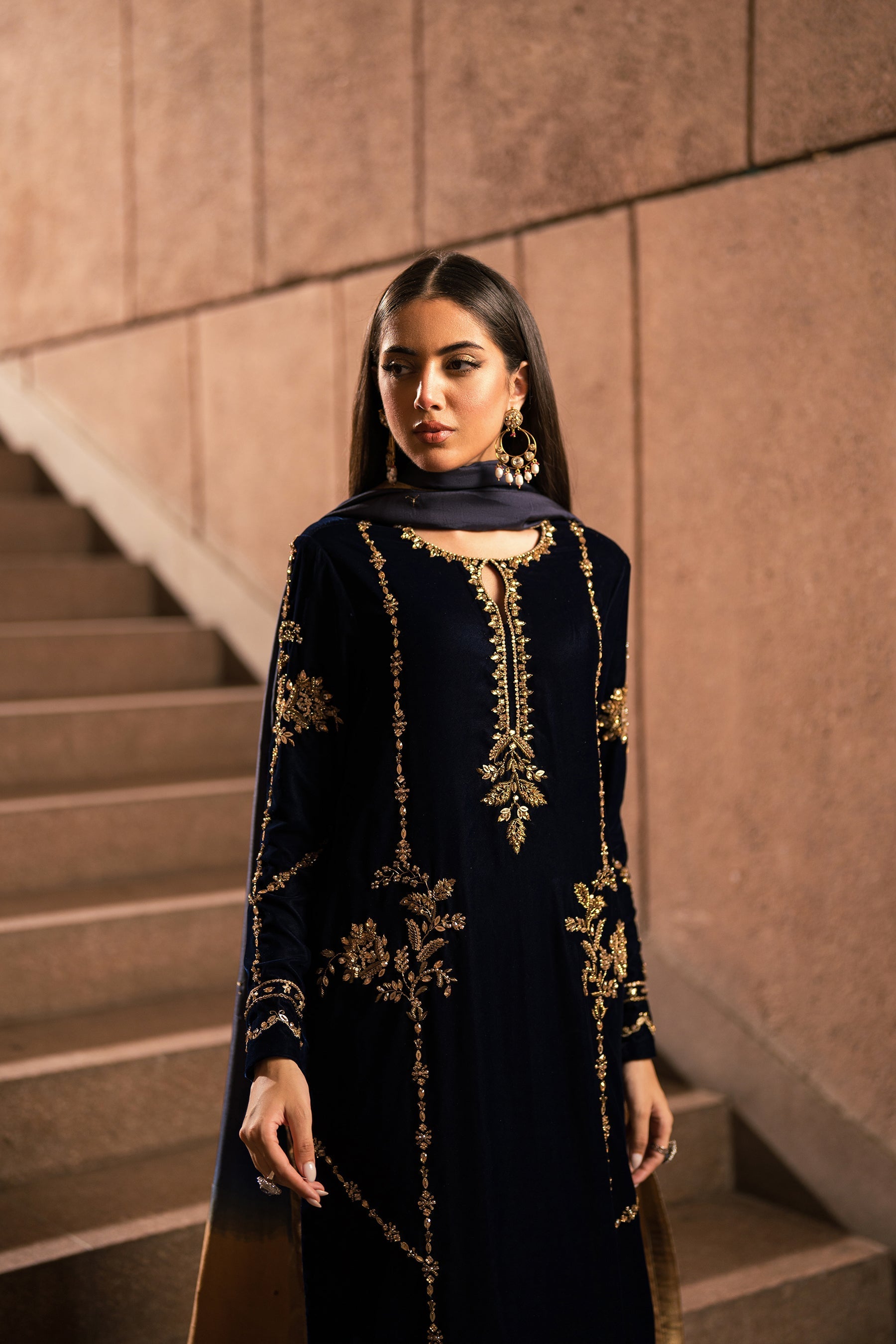 Ammara Khan | Rendezvous Velvet | Blue and Bronze Gold Velvet Set (D-12) by Ammara Khan - Designer Dress - Type: Ladies Clothes - Available at Sana Yasir - 100% Original