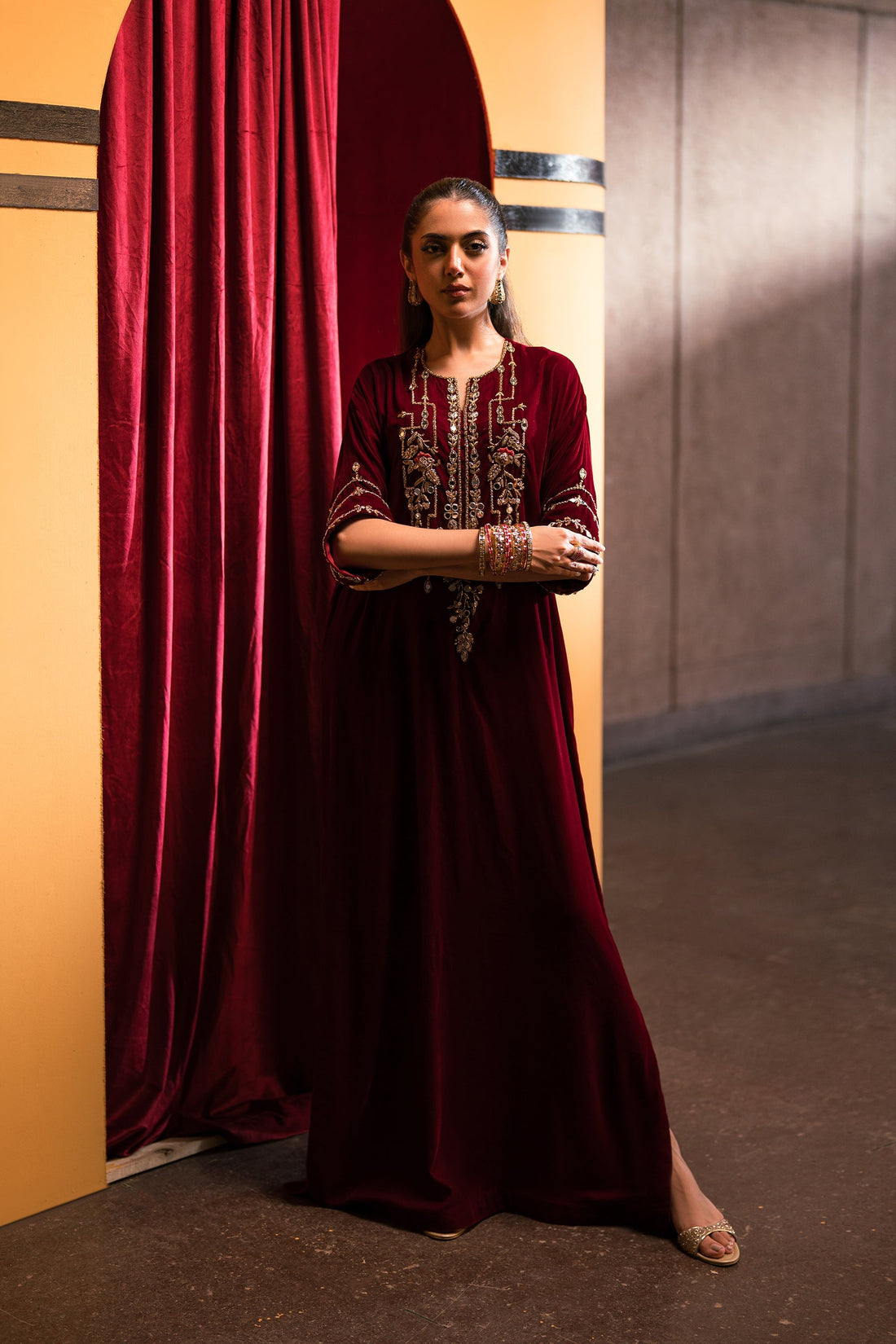 Ammara Khan | Rendezvous Velvet | Bold Scarlet Beauty Kaftan (D-11) by Ammara Khan - Designer Dress - Type: Ladies Clothes - Available at Sana Yasir - 100% Original