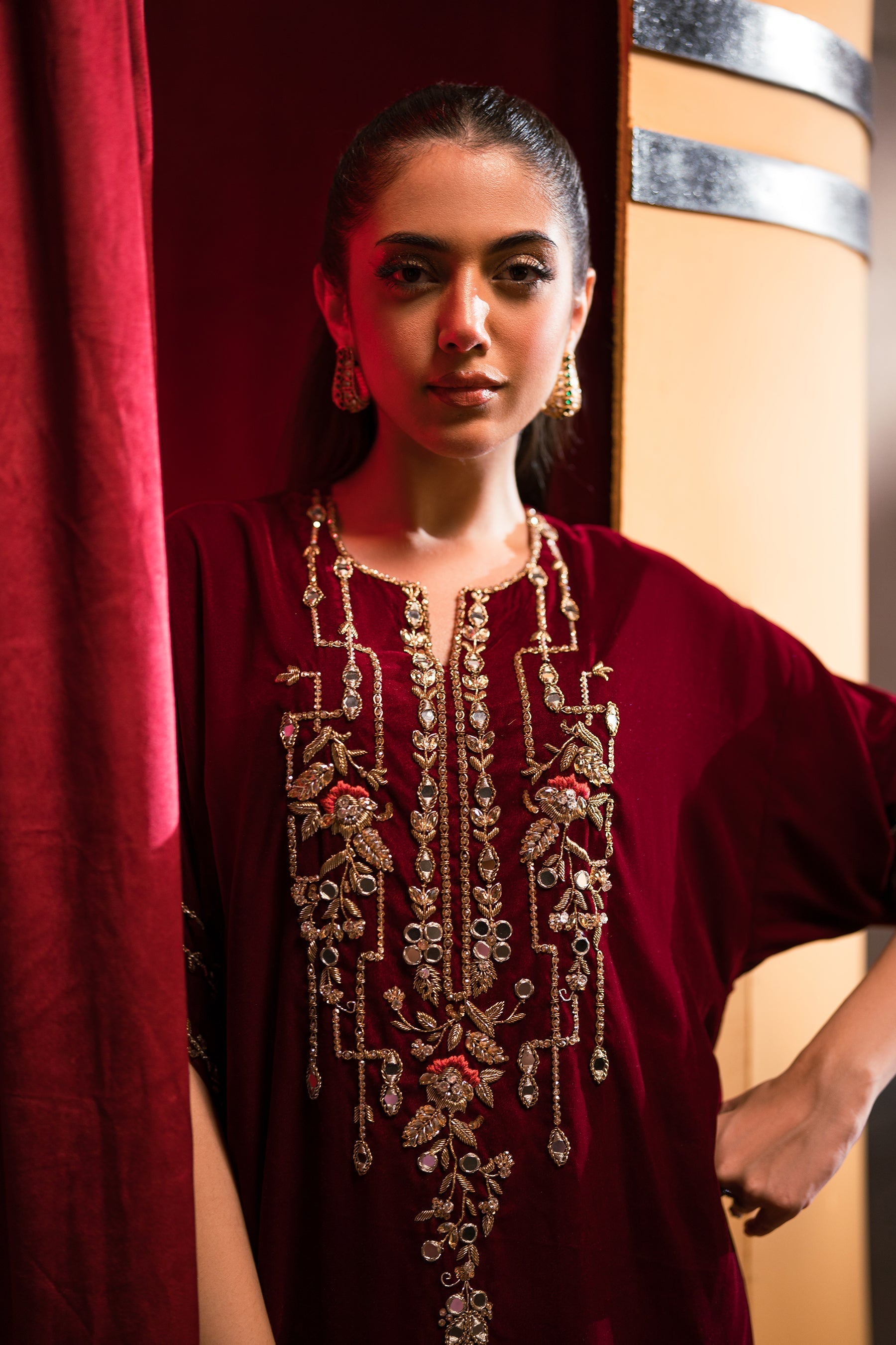 Ammara Khan | Rendezvous Velvet | Bold Scarlet Beauty Kaftan (D-11) by Ammara Khan - Designer Dress - Type: Ladies Clothes - Available at Sana Yasir - 100% Original