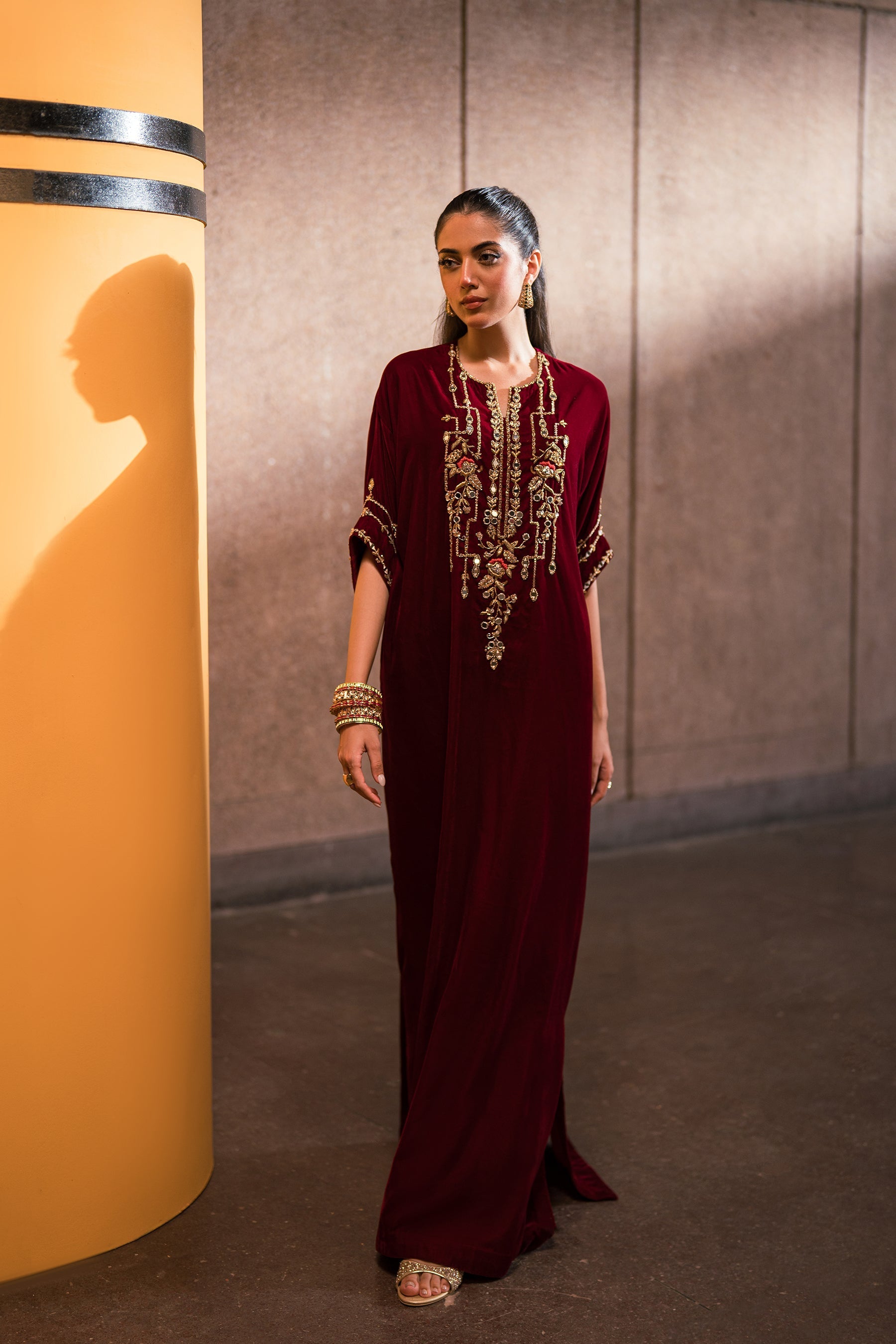 Ammara Khan | Rendezvous Velvet | Bold Scarlet Beauty Kaftan (D-11) by Ammara Khan - Designer Dress - Type: Ladies Clothes - Available at Sana Yasir - 100% Original