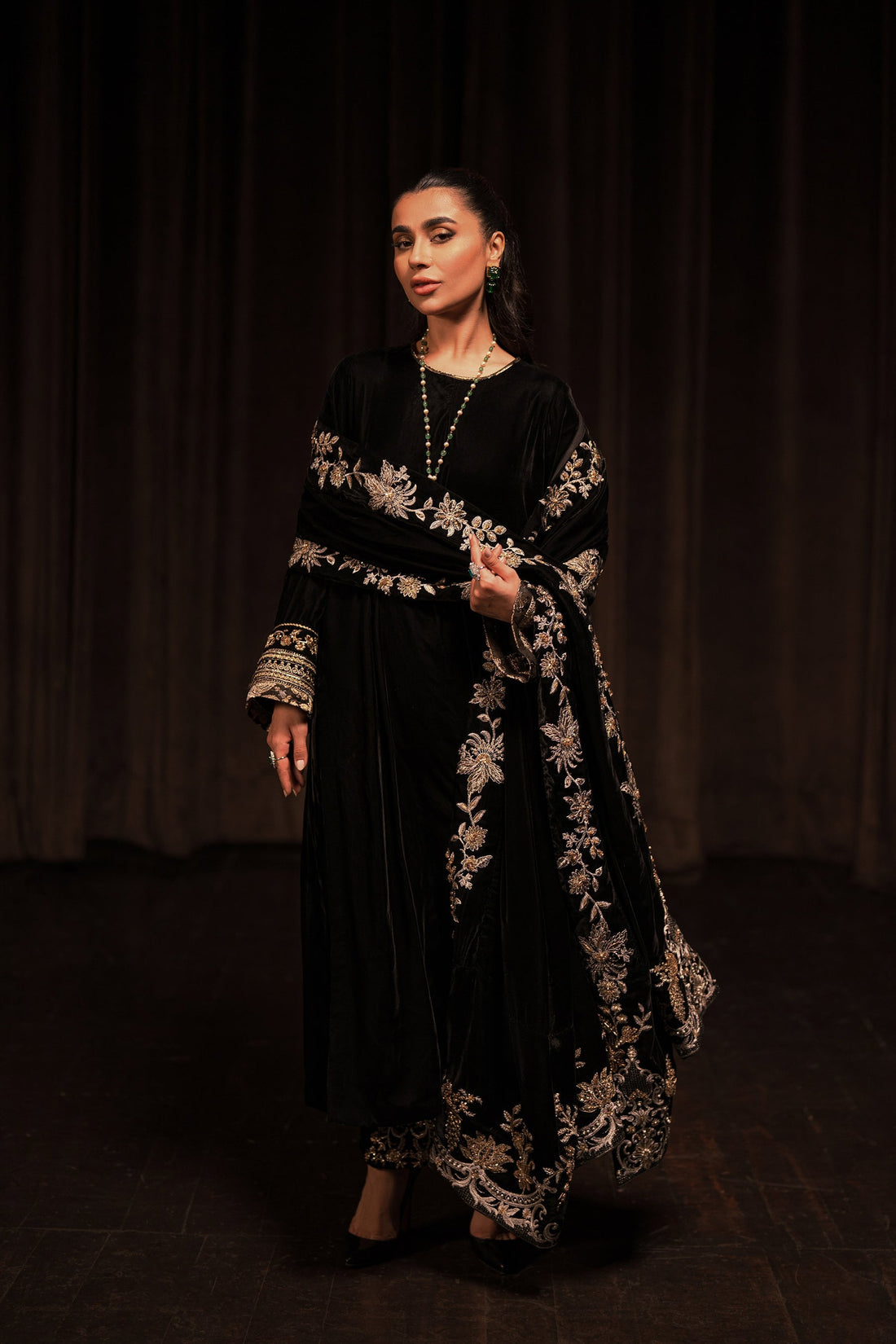 Ammara Khan | Rendezvous Velvet | Grand Black Velvet Shawl Set (D-10) by Ammara Khan - Designer Dress - Type: Ladies Clothes - Available at Sana Yasir - 100% Original