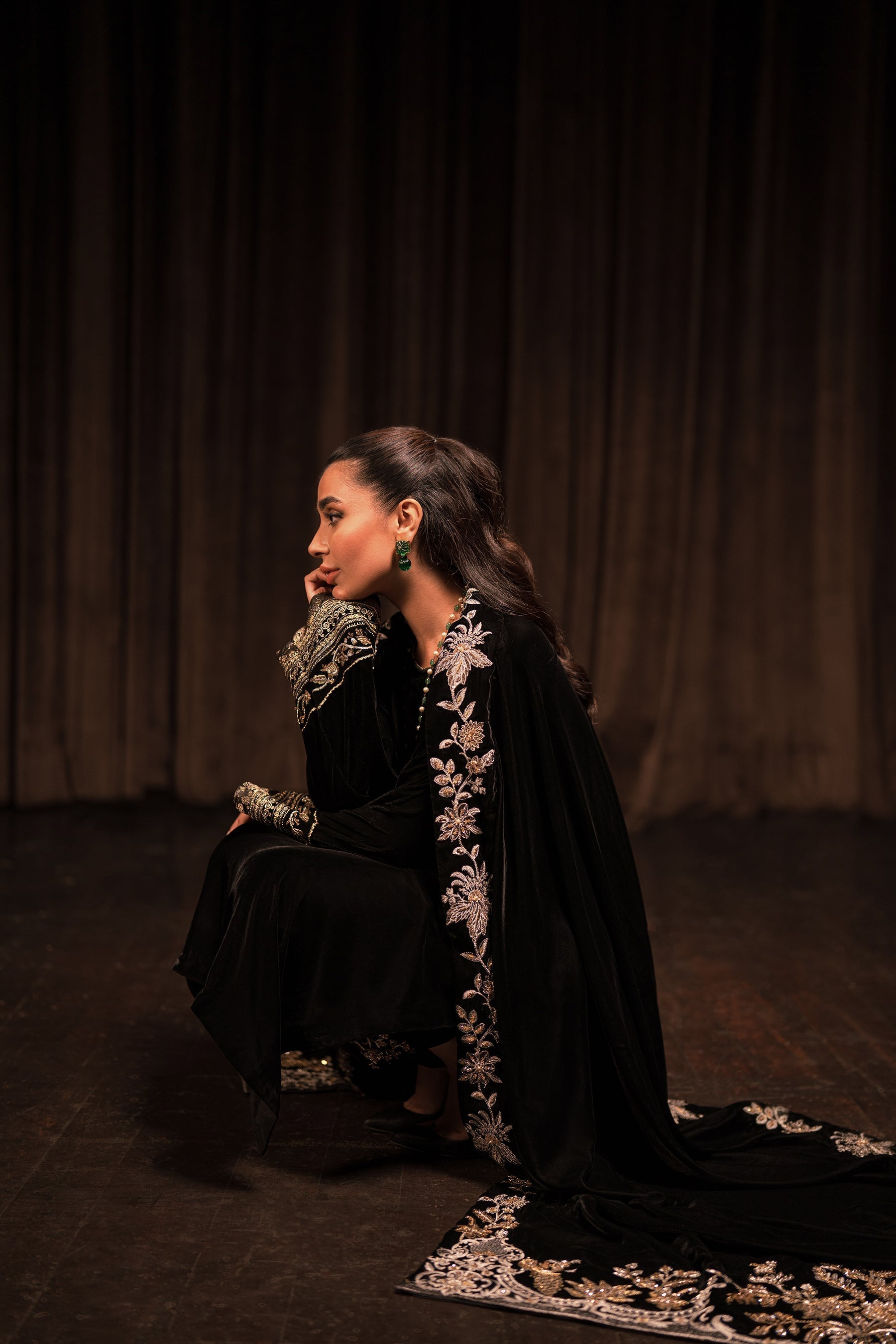 Ammara Khan | Rendezvous Velvet | Grand Black Velvet Shawl Set (D-10) by Ammara Khan - Designer Dress - Type: Ladies Clothes - Available at Sana Yasir - 100% Original