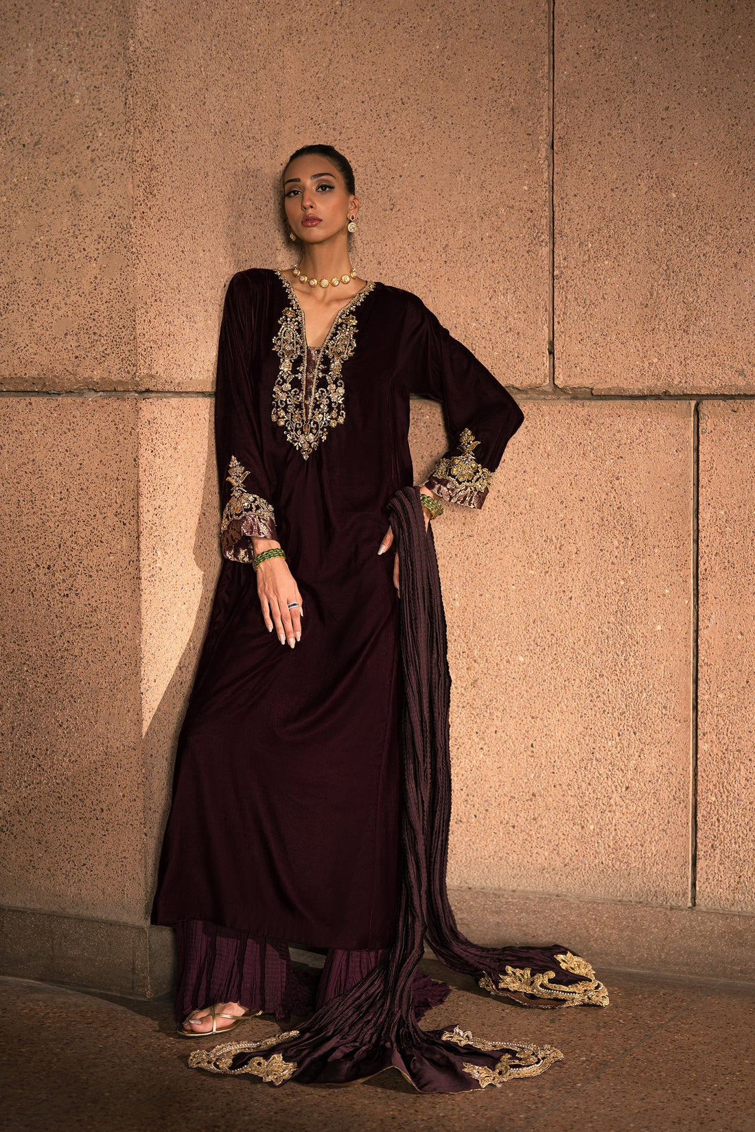 Ammara Khan | Rendezvous Velvet | Majestic Plum Velvet Ensemble (D-05) by Ammara Khan - Designer Dress - Type: Ladies Clothes - Available at Sana Yasir - 100% Original