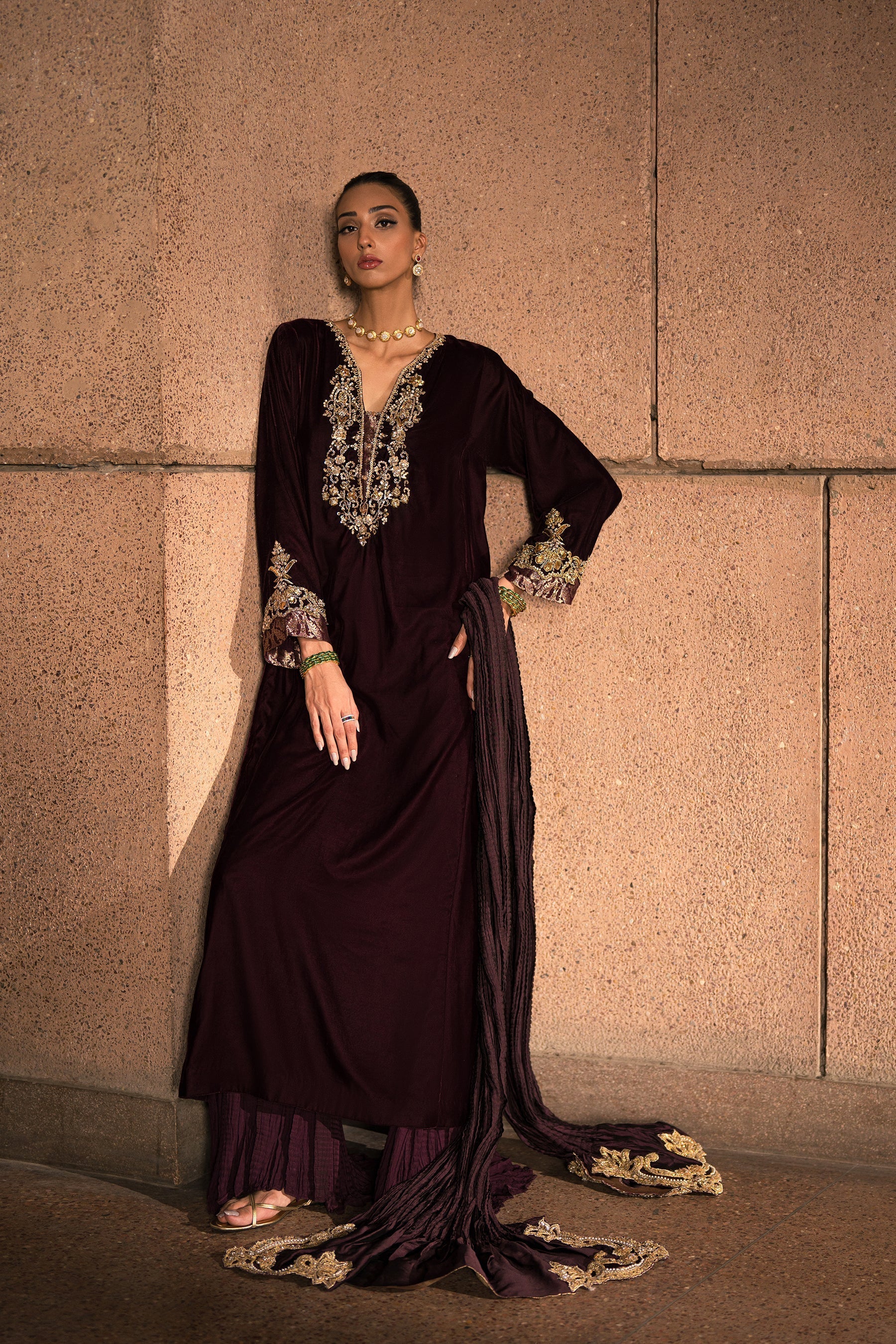 Ammara Khan | Rendezvous Velvet | Majestic Plum Velvet Ensemble (D-05) by Ammara Khan - Designer Dress - Type: Ladies Clothes - Available at Sana Yasir - 100% Original