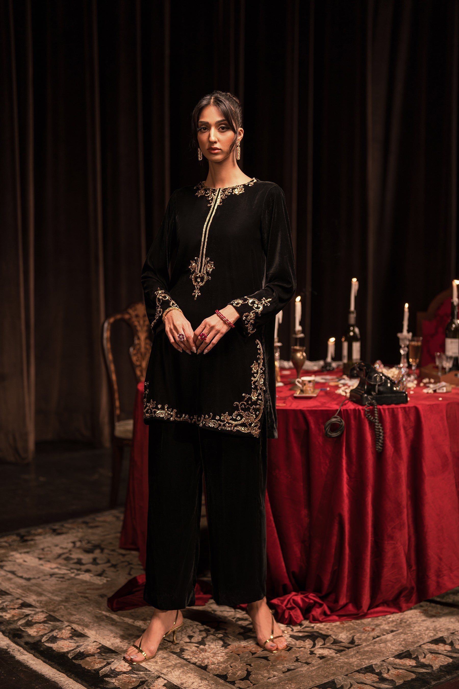 Ammara Khan | Rendezvous Velvet | Mukesh Black Set (D-02) by Ammara Khan - Designer Dress - Type: Ladies Clothes - Available at Sana Yasir - 100% Original