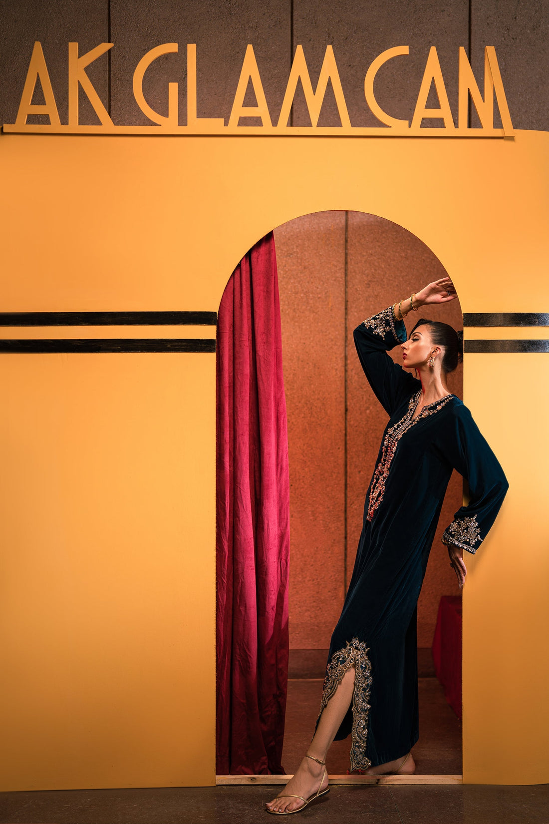 Ammara Khan | Rendezvous Velvet | Statement Teal Velvet Kaftan (D-06) by Ammara Khan - Designer Dress - Type: Ladies Clothes - Available at Sana Yasir - 100% Original