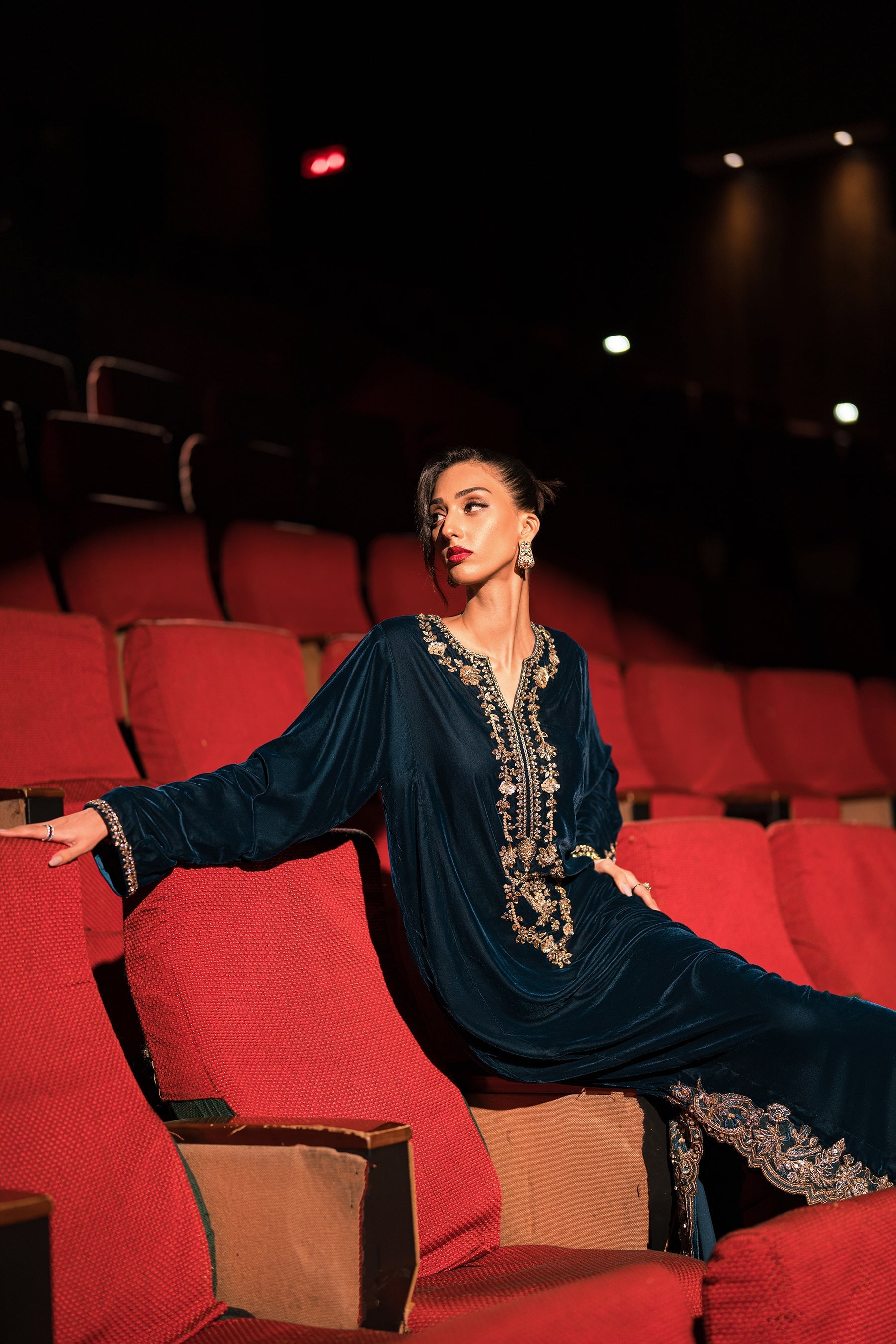 Ammara Khan | Rendezvous Velvet | Statement Teal Velvet Kaftan (D-06) by Ammara Khan - Designer Dress - Type: Ladies Clothes - Available at Sana Yasir - 100% Original