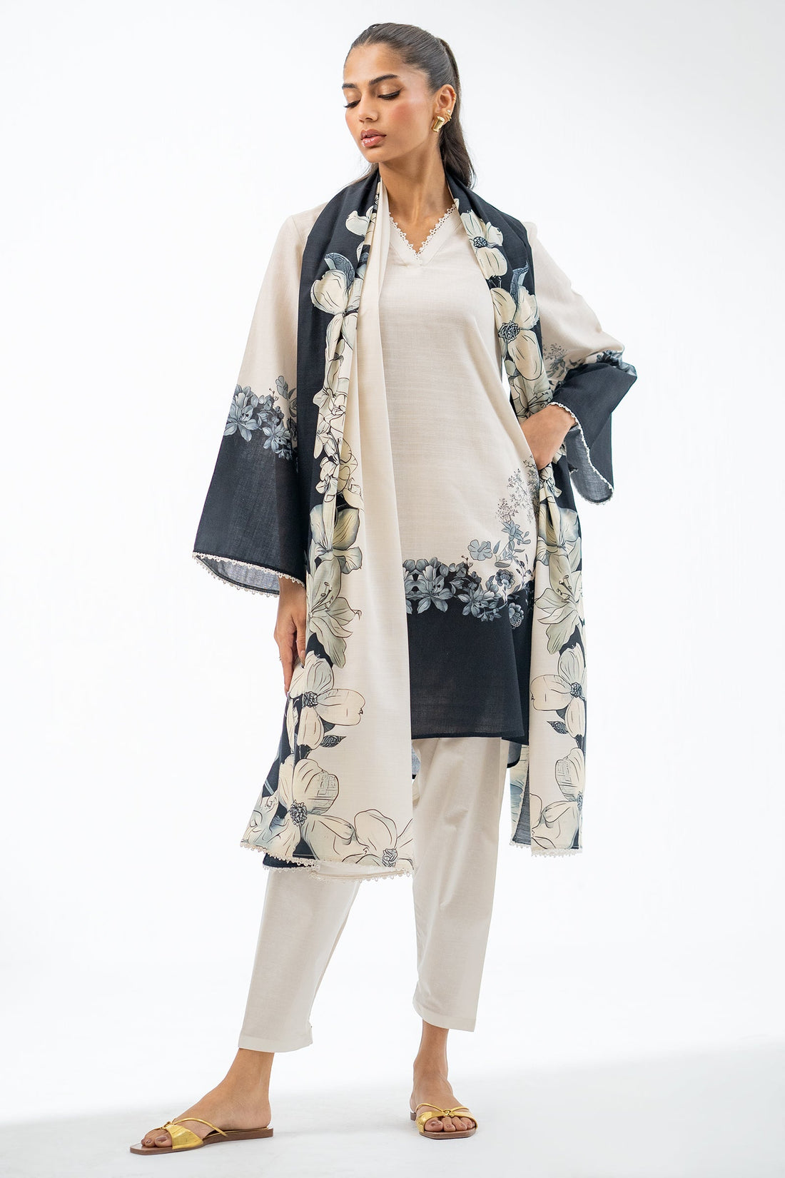 Ego | Winter Collection | CARVE UP CREAM 3 PIECE by Ego - Designer Dress - Type: Ladies Clothes - Available at Sana Yasir - 100% Original
