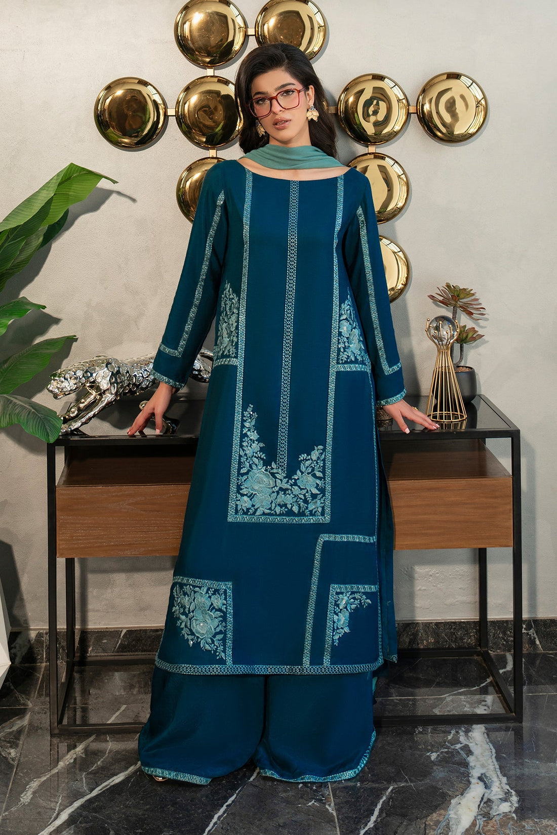 Fahad Hussayn | Lawn Banger | Midnight Teal by Erum Khan - Designer Dress - Type: Ladies Clothes - Available at Sana Yasir - 100% Original