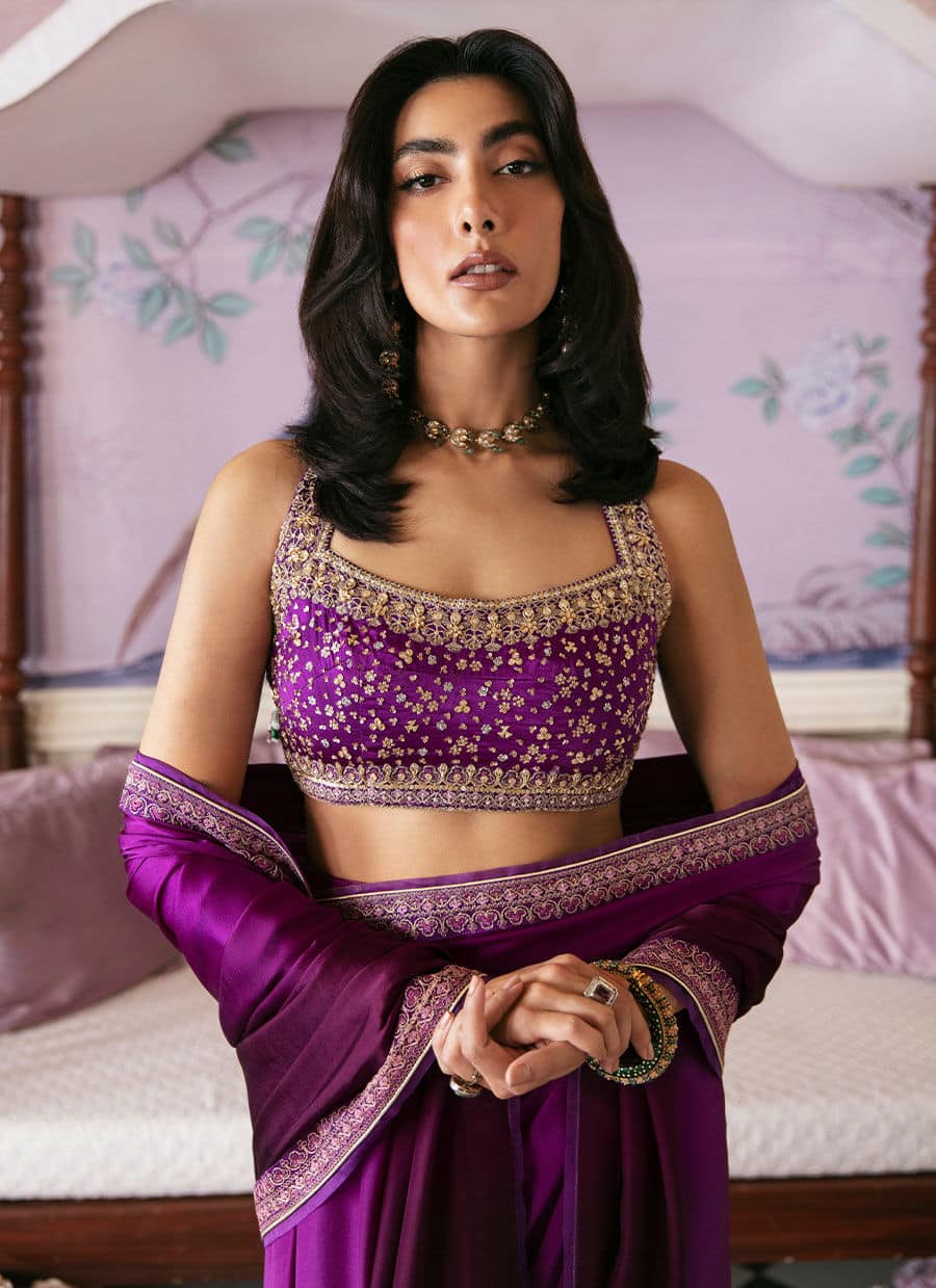 Farah Talib Aziz | Mayna Festive Luxe | AIGUL AUBERGINE SAREE by Farah Talib Aziz - Designer Dress - Type: Bridal - Available at Sana Yasir - 100% Original