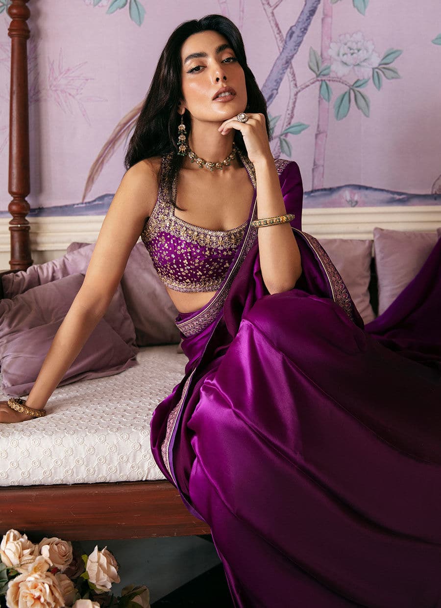 Farah Talib Aziz | Mayna Festive Luxe | AIGUL AUBERGINE SAREE by Farah Talib Aziz - Designer Dress - Type: Bridal - Available at Sana Yasir - 100% Original
