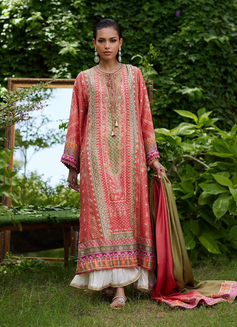 Farah Talib Aziz | Mayna Festive Prints 24 | Bazif Burnt Orange Shirt And Dupatta by Farah Talib Aziz - Designer Dress - Type: Ladies Clothes - Available at Sana Yasir - 100% Original