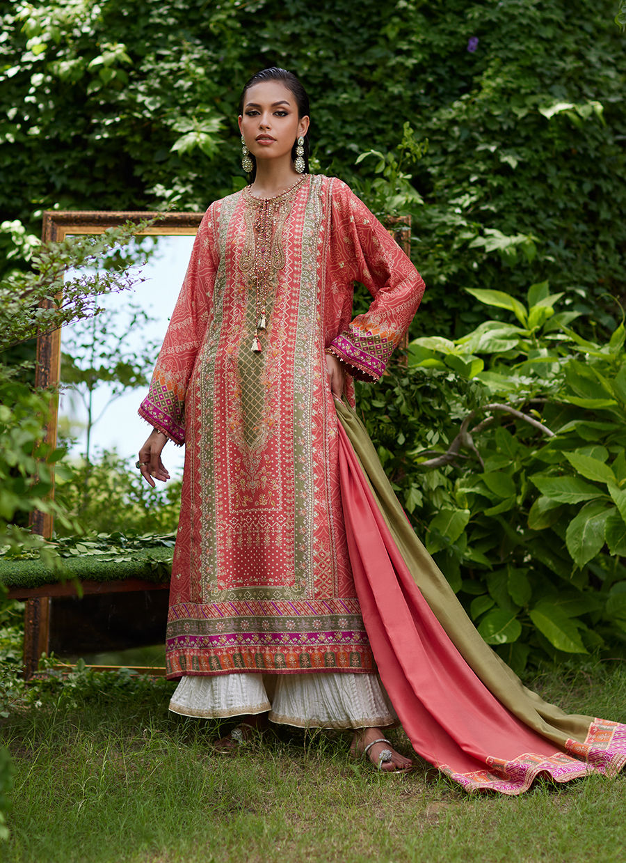 Farah Talib Aziz | Mayna Festive Prints 24 | Bazif Burnt Orange Shirt And Dupatta by Farah Talib Aziz - Designer Dress - Type: Ladies Clothes - Available at Sana Yasir - 100% Original