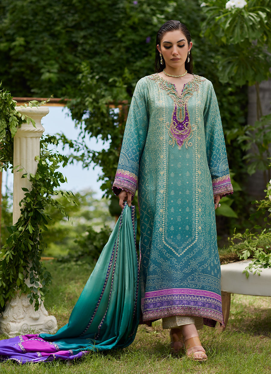 Farah Talib Aziz | Mayna Festive Prints 24 | Leisha Teal Ombre Shirt And Dupatta by Farah Talib Aziz - Designer Dress - Type: Ladies Clothes - Available at Sana Yasir - 100% Original