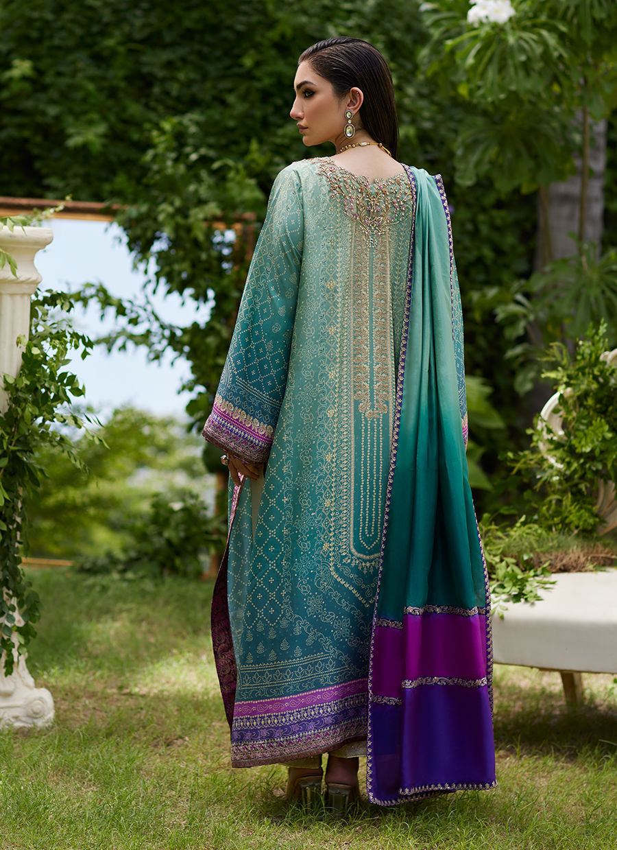 Farah Talib Aziz | Mayna Festive Prints 24 | Leisha Teal Ombre Shirt And Dupatta by Farah Talib Aziz - Designer Dress - Type: Ladies Clothes - Available at Sana Yasir - 100% Original