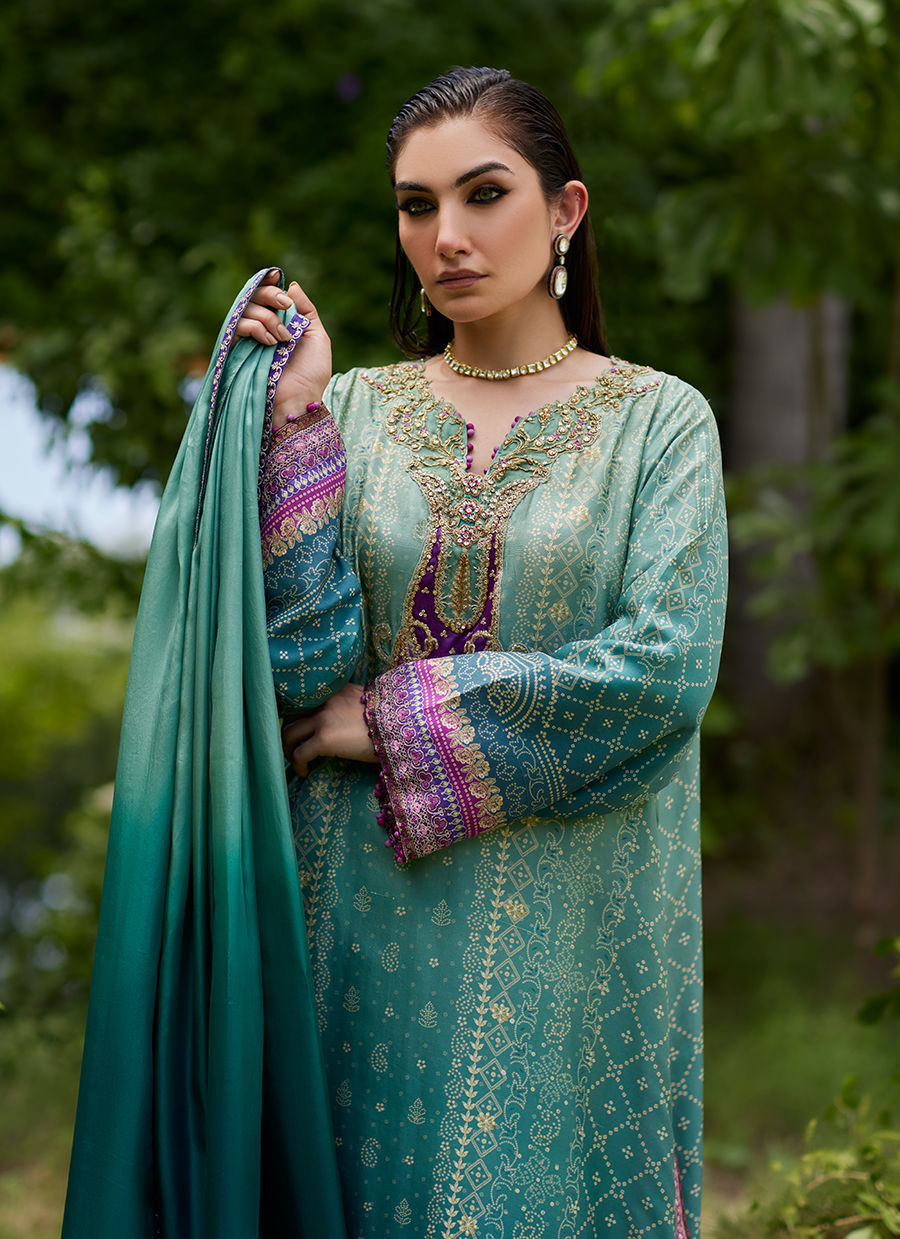 Farah Talib Aziz | Mayna Festive Prints 24 | Leisha Teal Ombre Shirt And Dupatta by Farah Talib Aziz - Designer Dress - Type: Ladies Clothes - Available at Sana Yasir - 100% Original