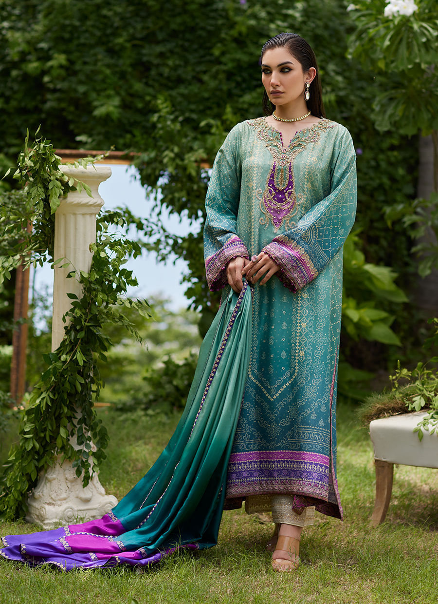 Farah Talib Aziz | Mayna Festive Prints 24 | Leisha Teal Ombre Shirt And Dupatta by Farah Talib Aziz - Designer Dress - Type: Ladies Clothes - Available at Sana Yasir - 100% Original