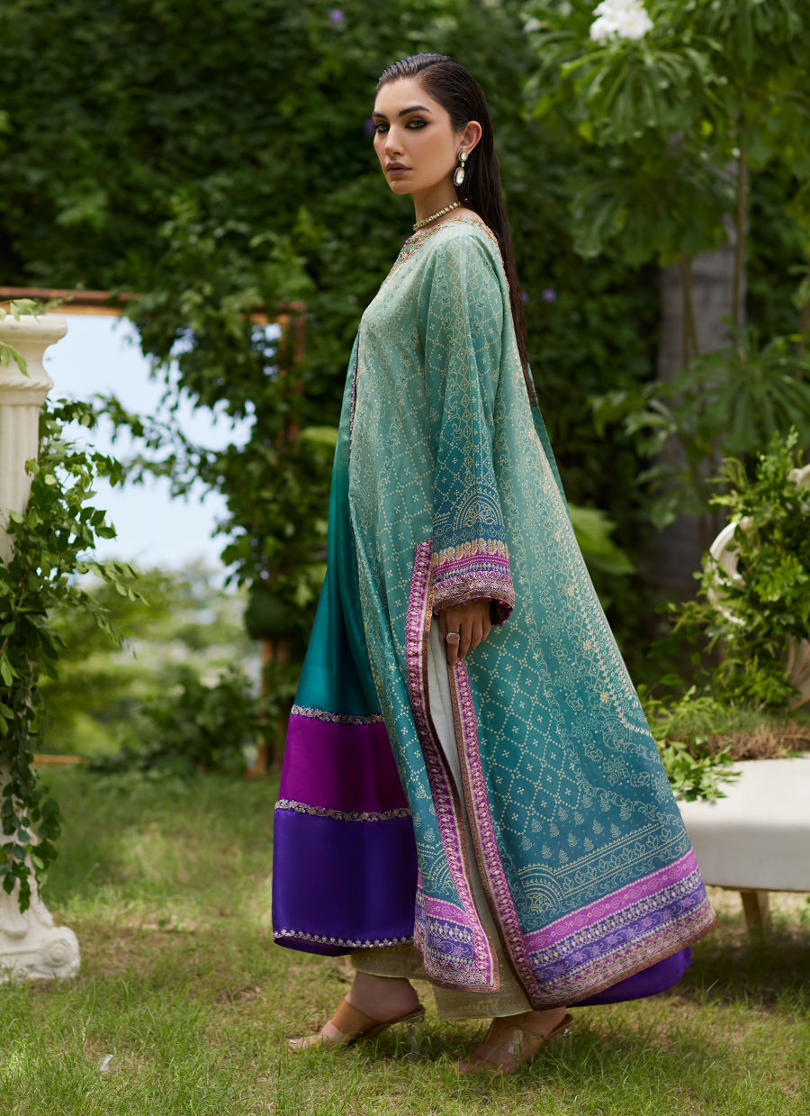 Farah Talib Aziz | Mayna Festive Prints 24 | Leisha Teal Ombre Shirt And Dupatta by Farah Talib Aziz - Designer Dress - Type: Ladies Clothes - Available at Sana Yasir - 100% Original