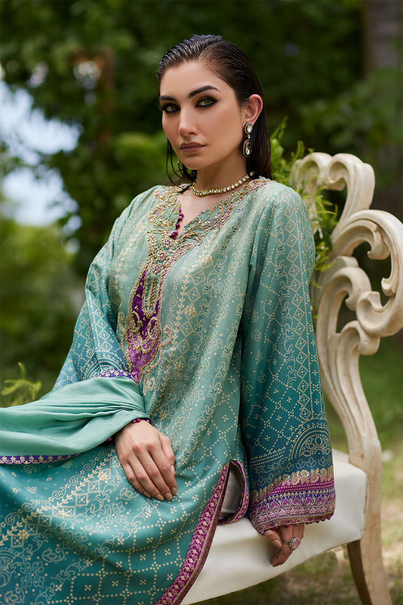 Farah Talib Aziz | Mayna Festive Prints 24 | Leisha Teal Ombre Shirt And Dupatta by Farah Talib Aziz - Designer Dress - Type: Ladies Clothes - Available at Sana Yasir - 100% Original
