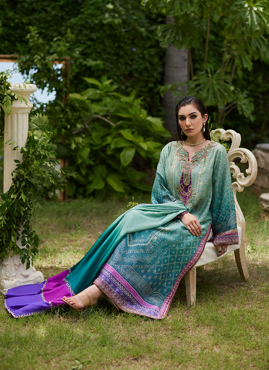 Farah Talib Aziz | Mayna Festive Prints 24 | Leisha Teal Ombre Shirt And Dupatta by Farah Talib Aziz - Designer Dress - Type: Ladies Clothes - Available at Sana Yasir - 100% Original