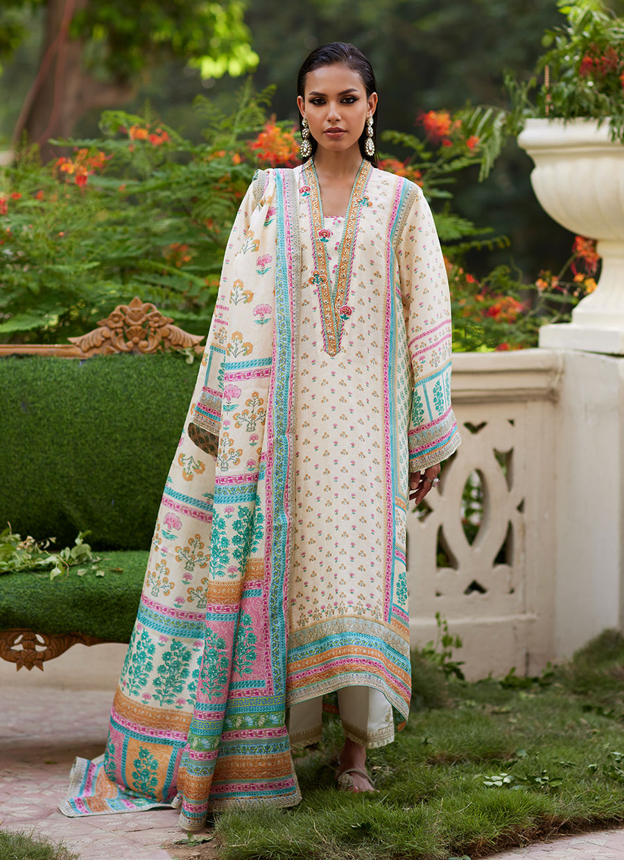 Farah Talib Aziz | Mayna Festive Prints 24 | Nural Ivory Kurta And Dupatta by Farah Talib Aziz - Designer Dress - Type: Ladies Clothes - Available at Sana Yasir - 100% Original