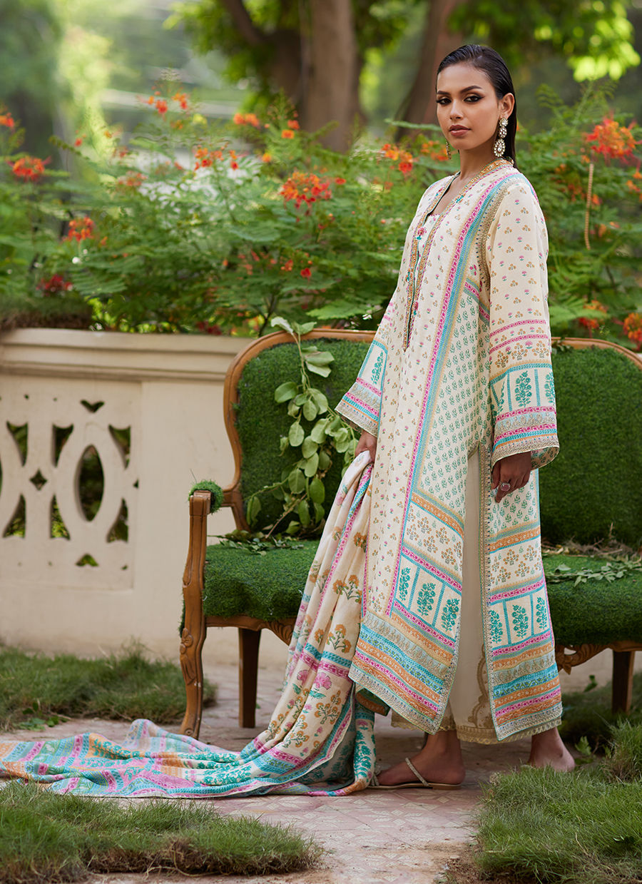 Farah Talib Aziz | Mayna Festive Prints 24 | Nural Ivory Kurta And Dupatta by Farah Talib Aziz - Designer Dress - Type: Ladies Clothes - Available at Sana Yasir - 100% Original