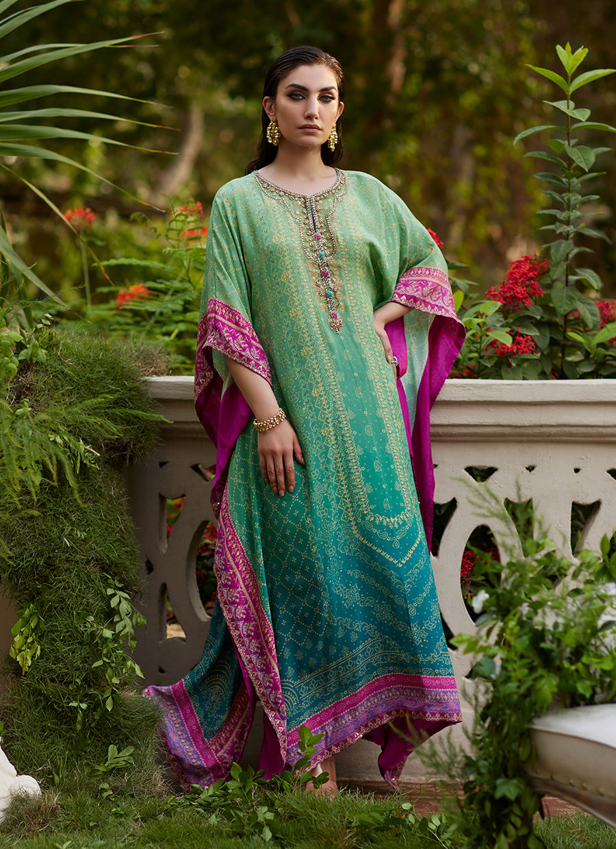 Farah Talib Aziz | Mayna Festive Prints 24 | Persia Teal Ombre Kaftan by Farah Talib Aziz - Designer Dress - Type: Ladies Clothes - Available at Sana Yasir - 100% Original